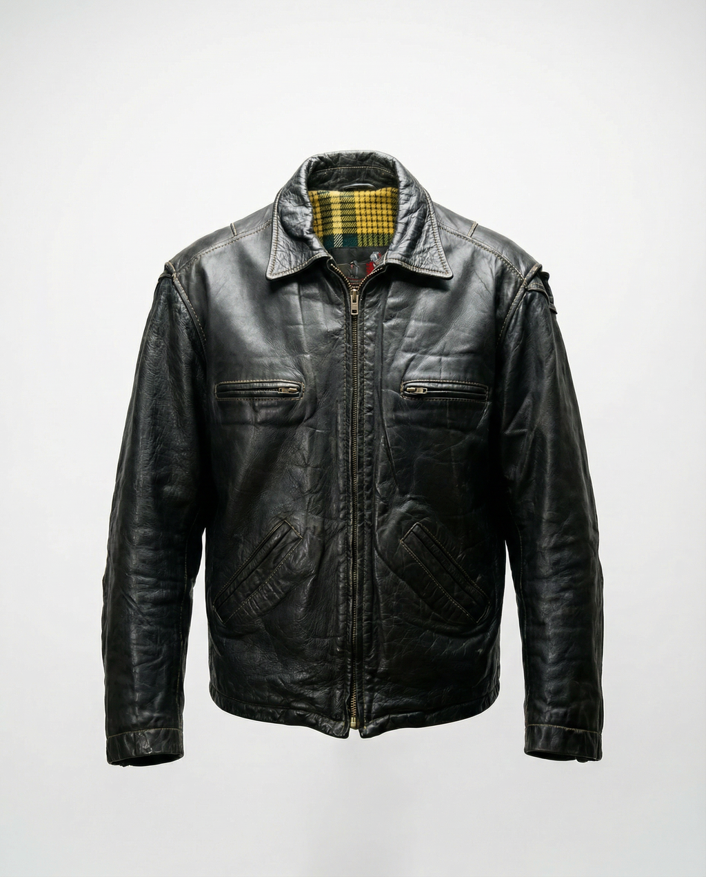 Giacca in Pelle Nera da Moto Zip Vintage (M)