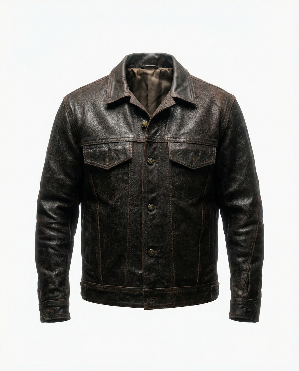 Giacca in Pelle Marrone Trucker con Bottoni Vintage (M)