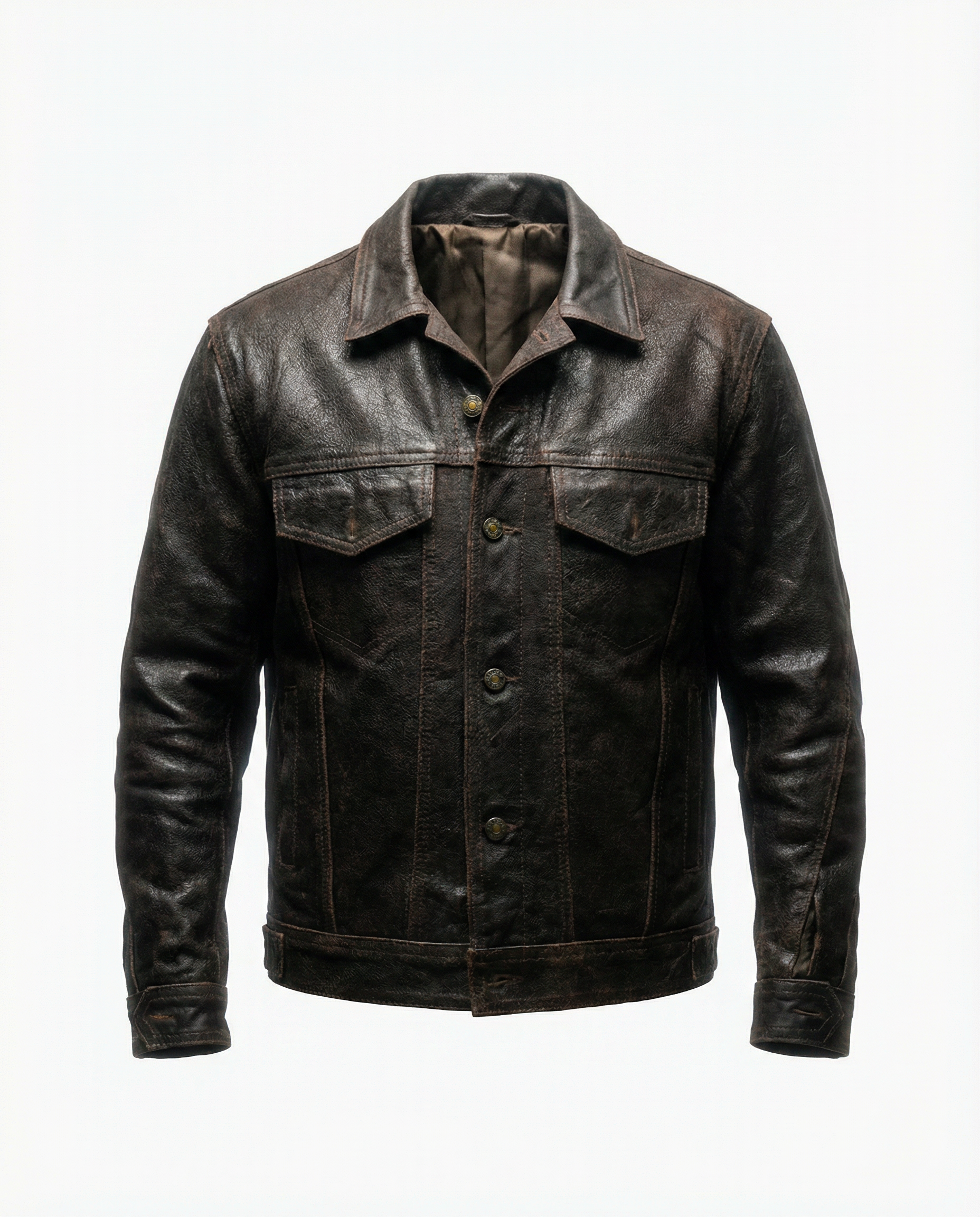 Giacca in Pelle Marrone Trucker con Bottoni Vintage (M)