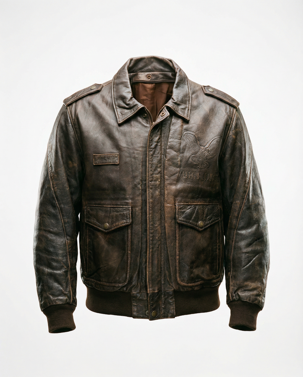 Giacca in Pelle Marrone Bomber con Patch Aquila (L)