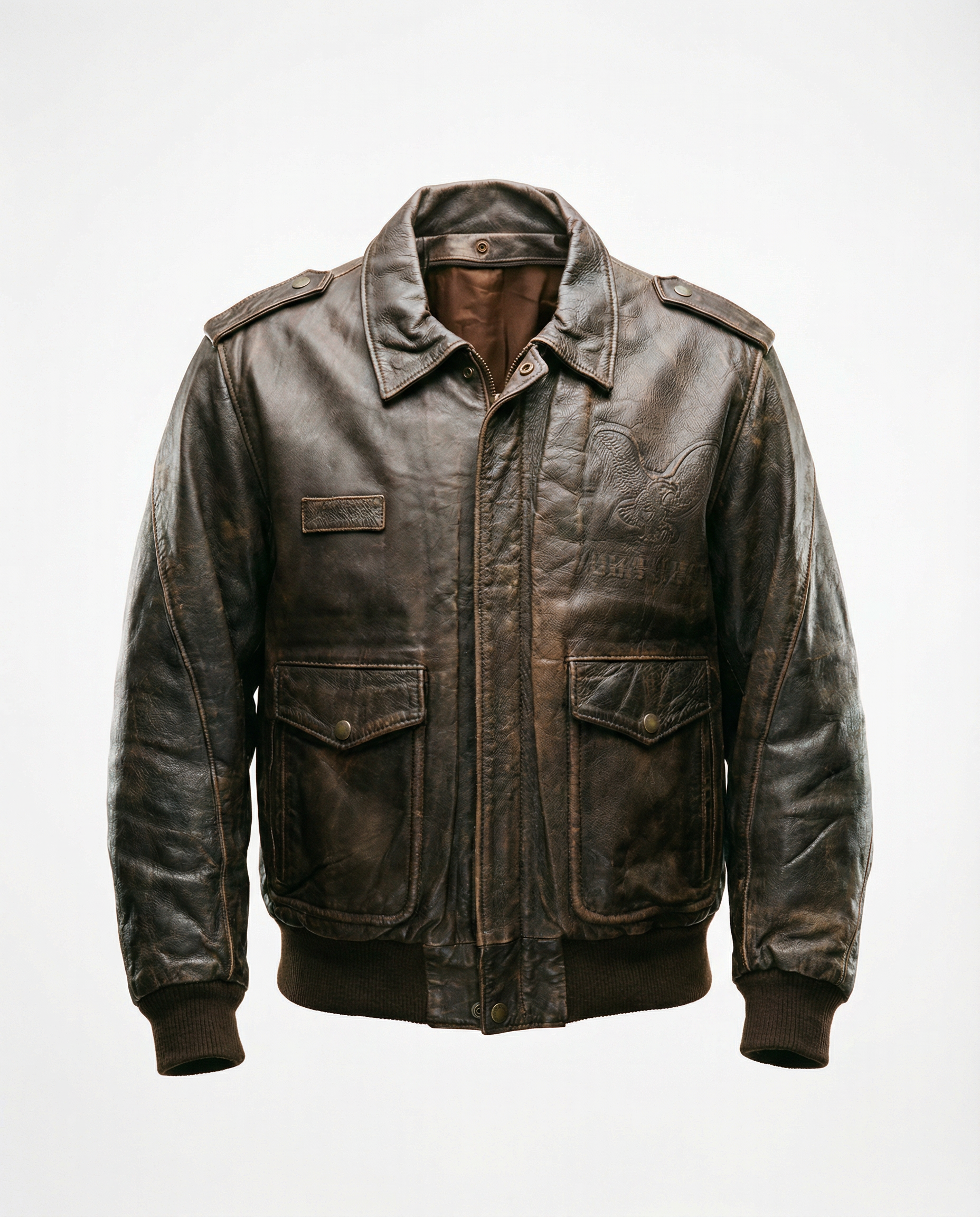 Giacca in Pelle Marrone Bomber con Patch Aquila (L)