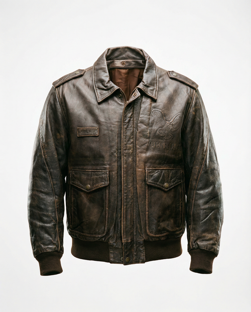 Giacca in Pelle Marrone Bomber con Patch Aquila (L)