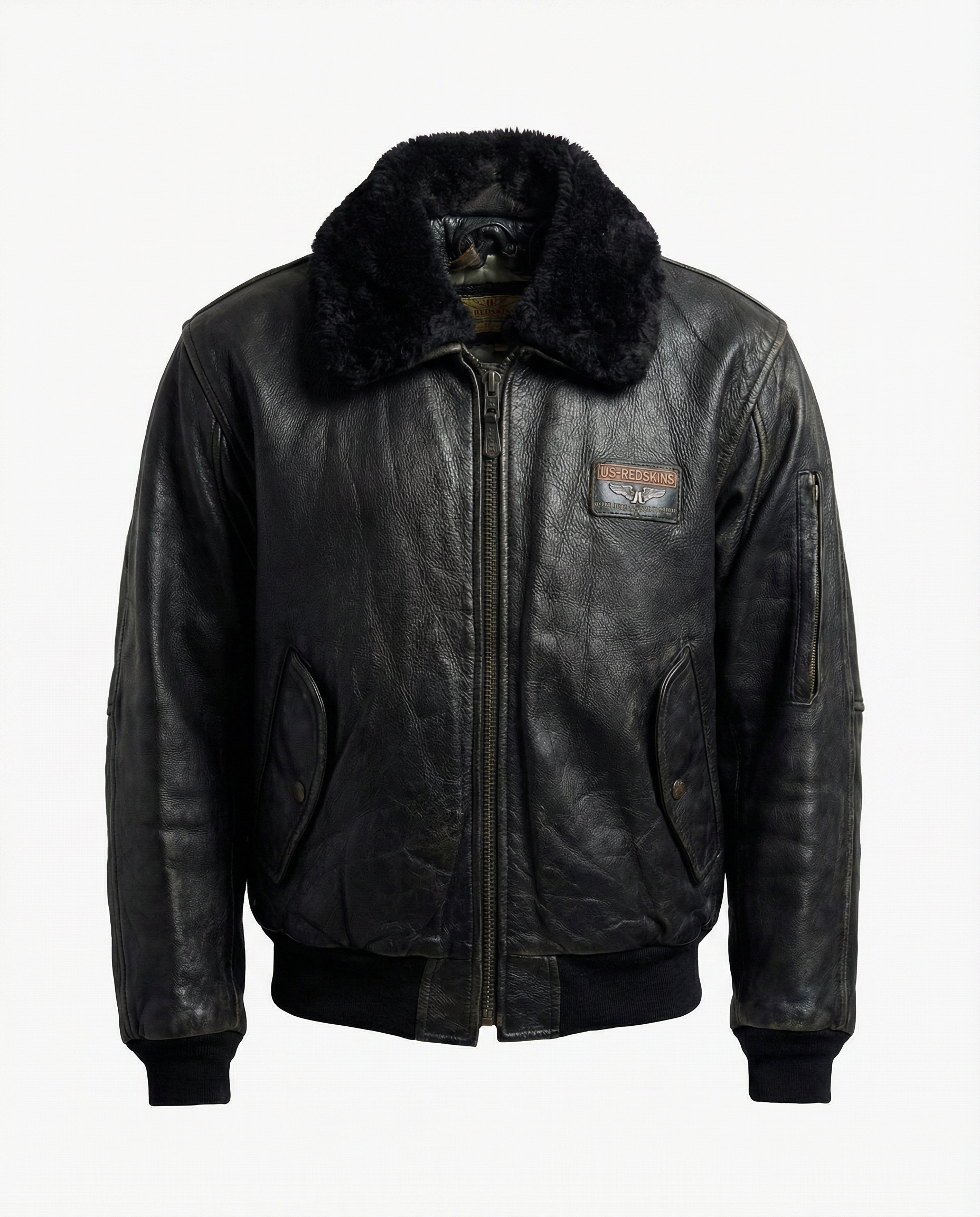Giacca in Pelle Redskins – Modello Flight Jacket Nera con Colletto in Pelliccia Vintage (L)