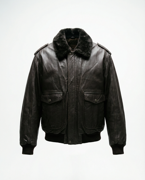 Bomber in Pelle Marrone con Collo in Pelliccia Uomo 90s (XL)