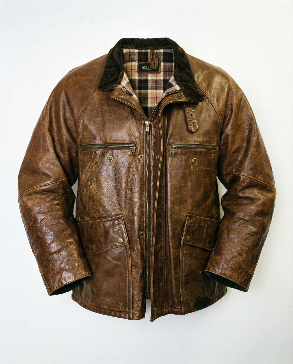 Giacca in Pelle Marrone Field Jacket Collo in Velluto (L)