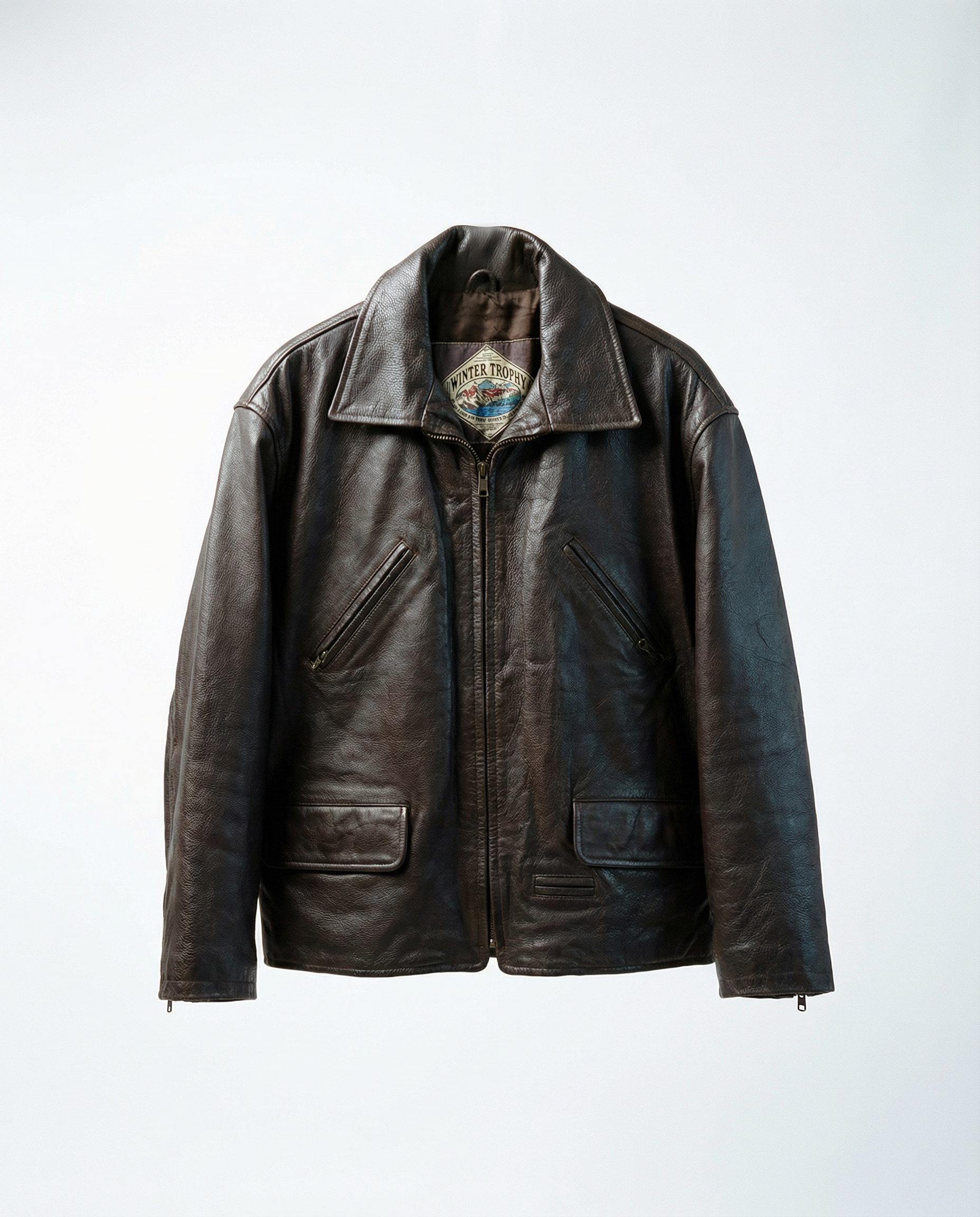Giacca Winter Trophy in pelle marrone da uomo, bomber utility vintage anni 90 con multi tasche e fibbie (M)