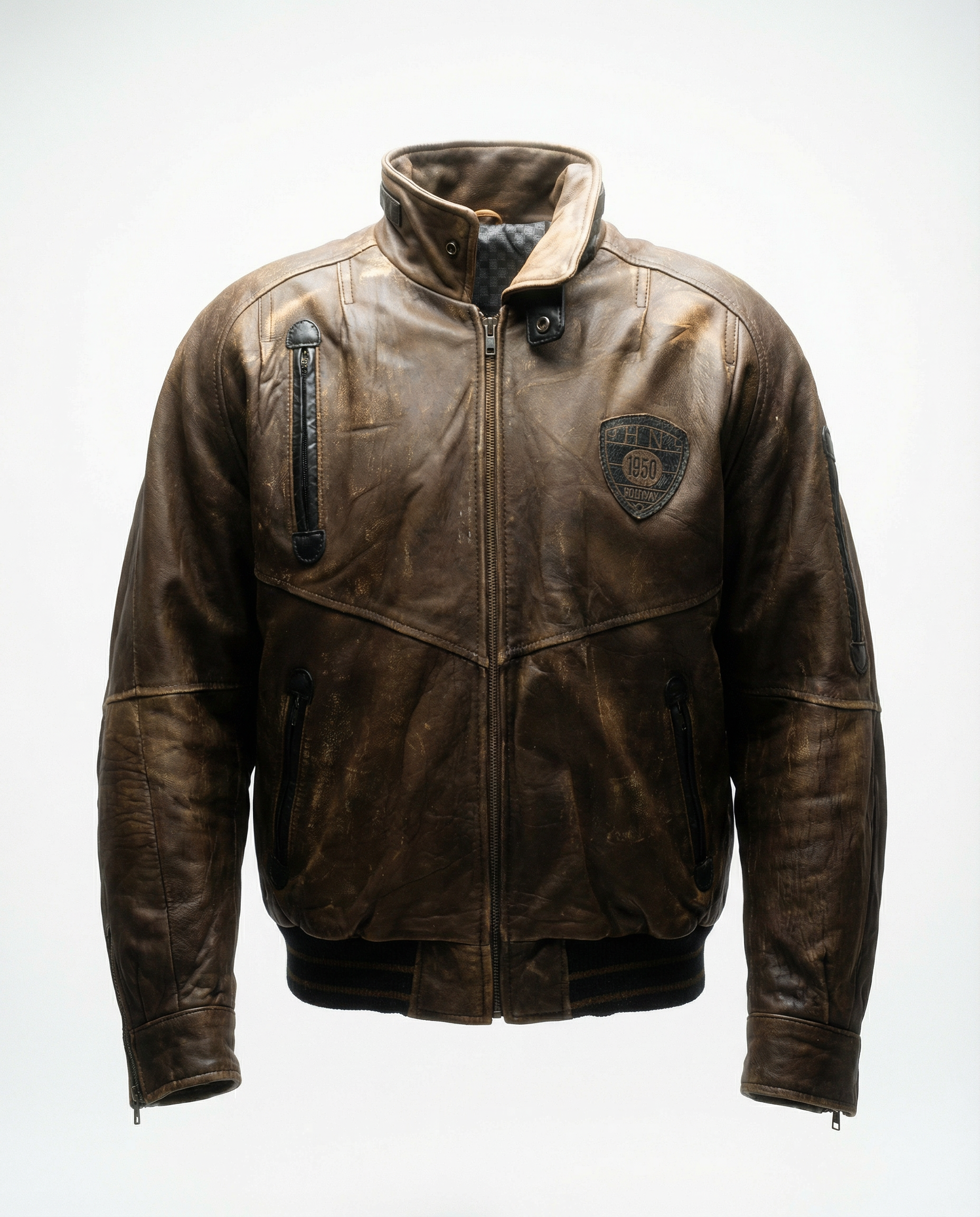Giacca HN Company 1950 in pelle marrone da uomo, bomber café racer vintage anni 90 con inserti neri (M)