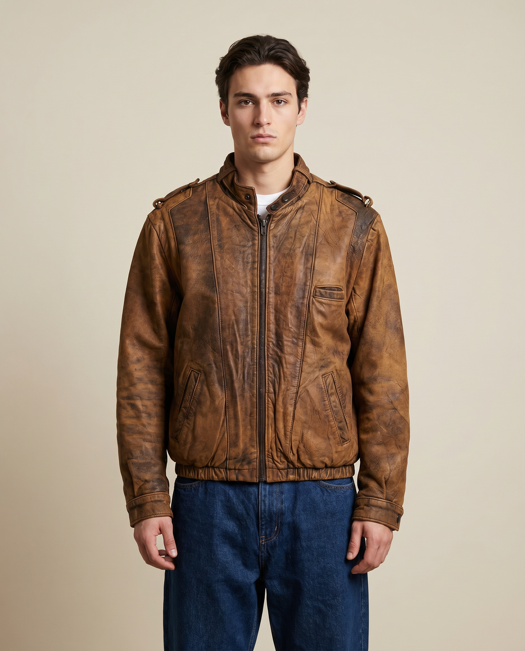 Giacca Ortor in pelle marrone da uomo con interno shearling, aviator vintage anni 80 Made in England (S)