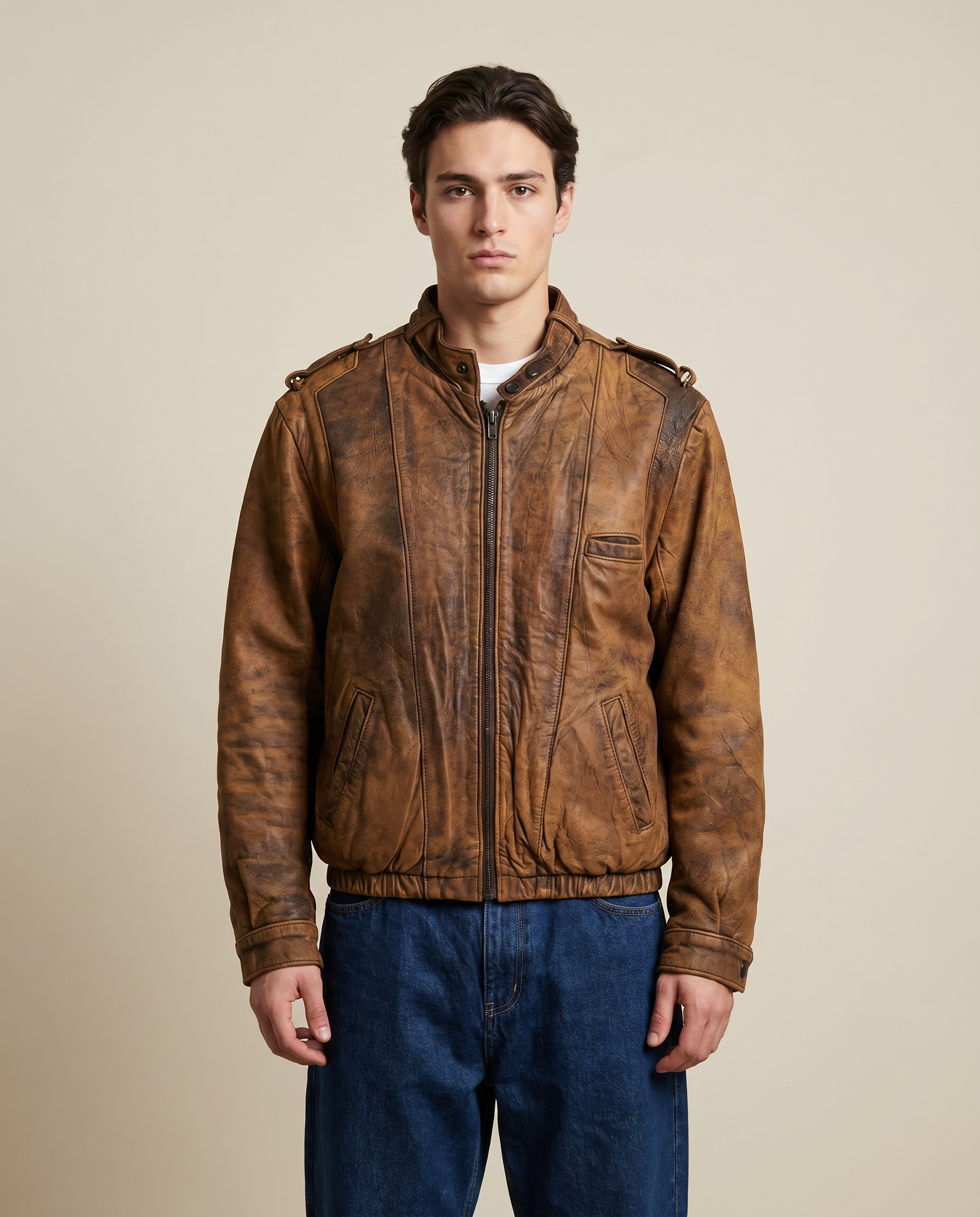 Giacca Ortor in pelle marrone da uomo con interno shearling, aviator vintage anni 80 Made in England (S)