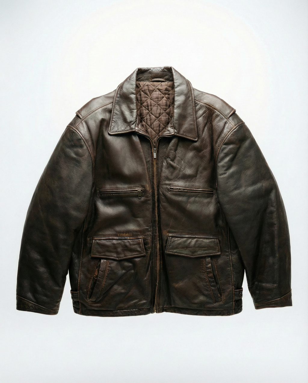 Giacca in pelle vintage da uomo marrone in stile biker multi tasche anni 90 - Riri zip (M)