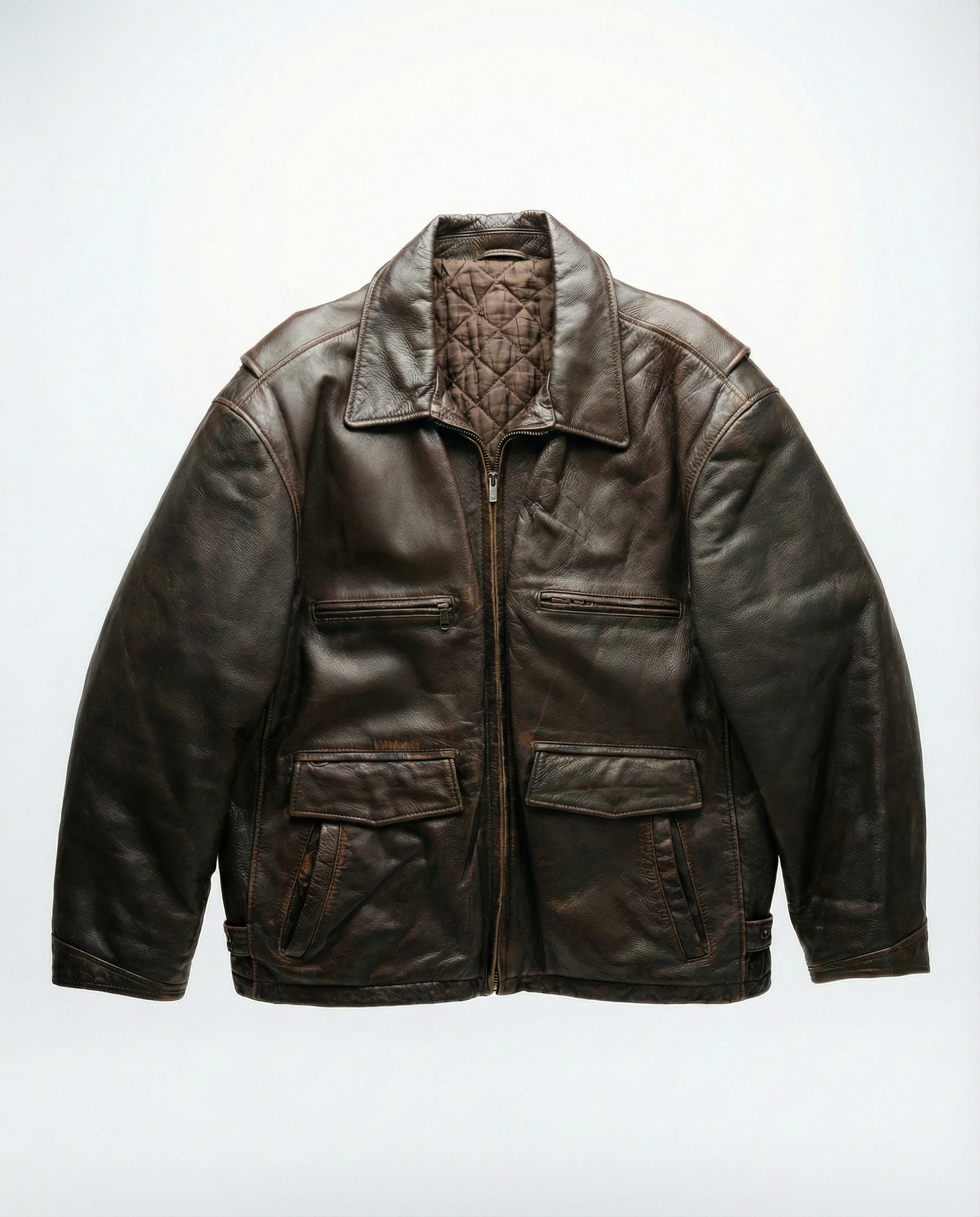 Giacca in pelle vintage da uomo marrone in stile biker multi tasche anni 90 - Riri zip (M)