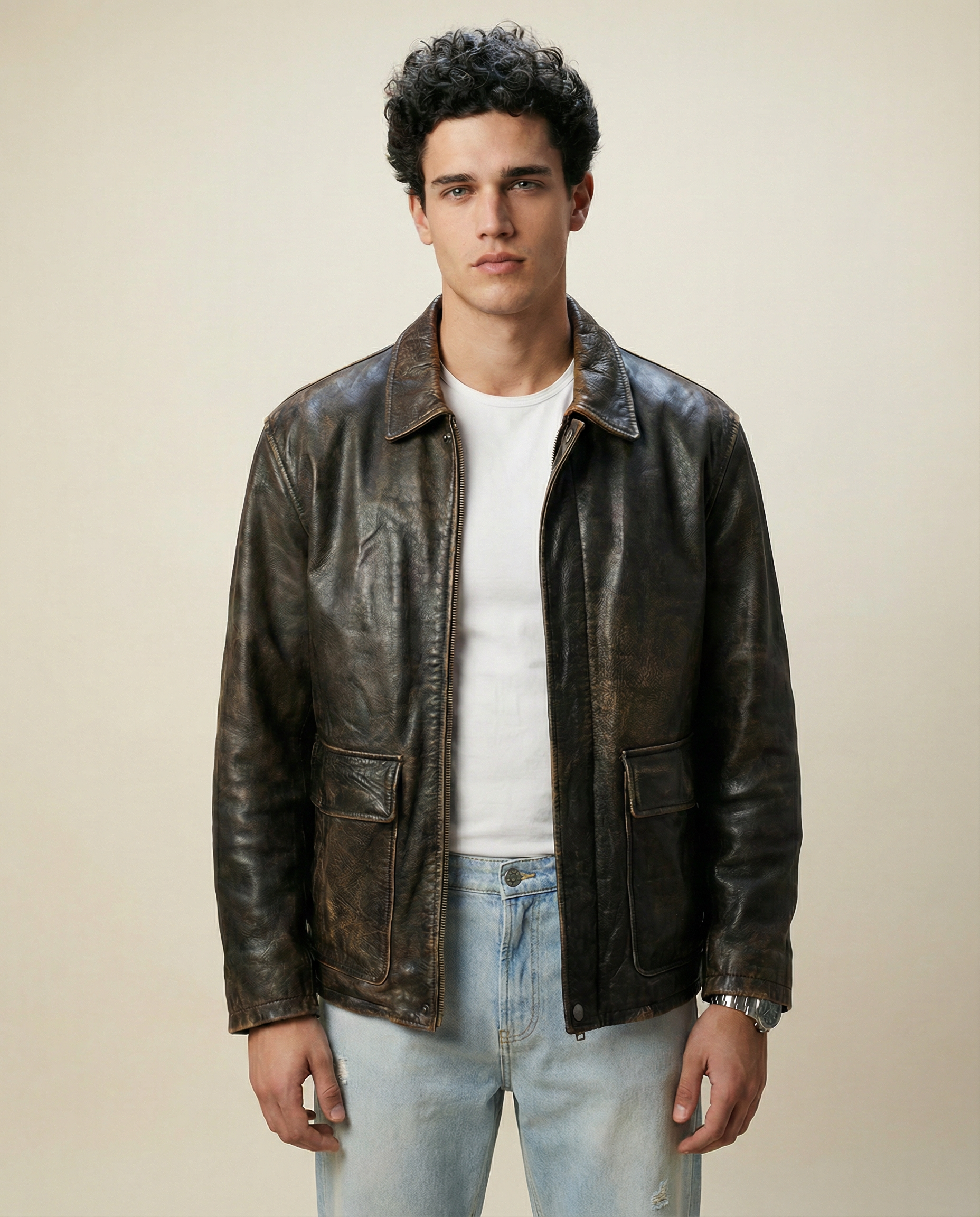 Giacca in Pelle Marrone Zip Utility Vintage (L)