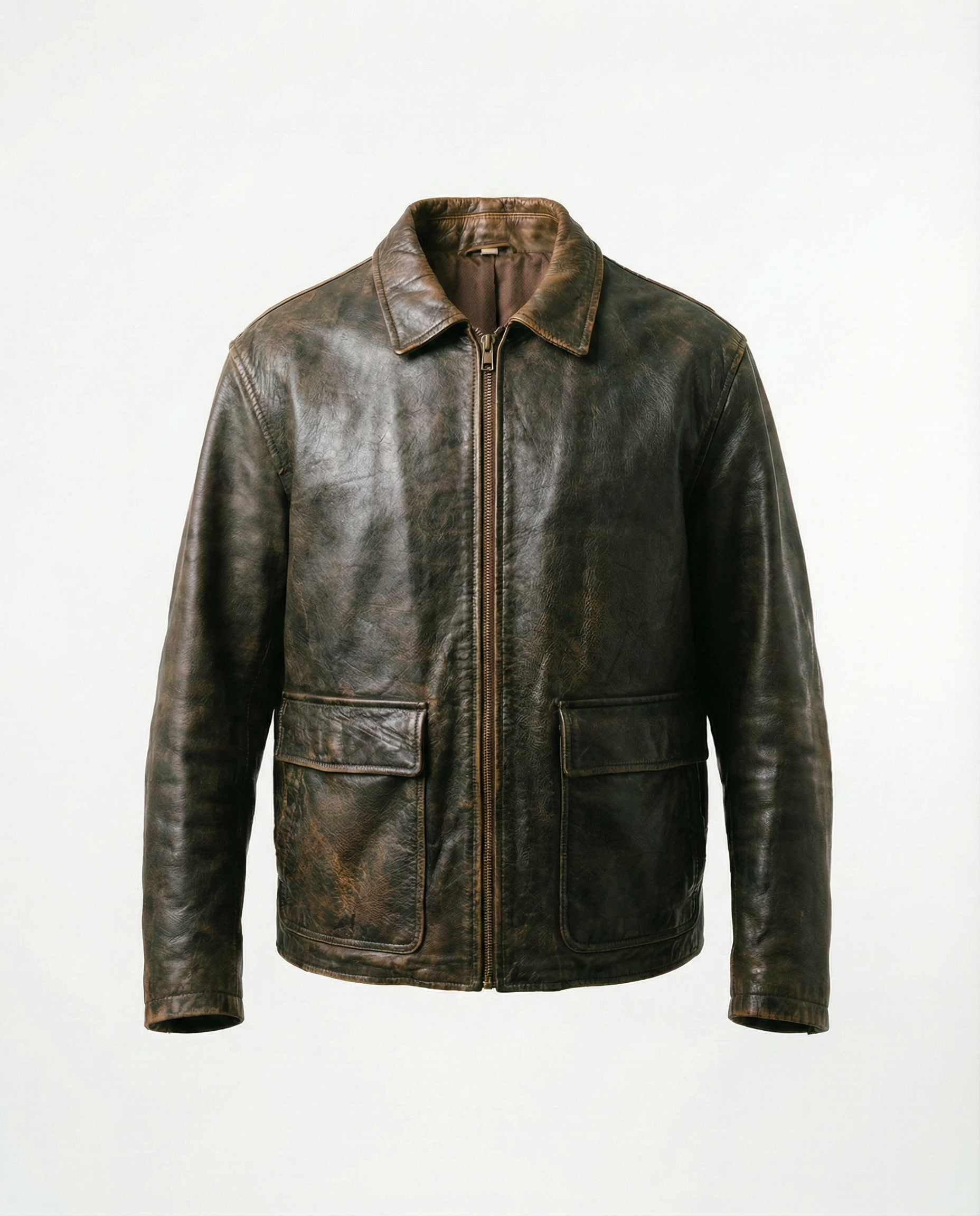 Giacca in Pelle Marrone Zip Utility Vintage (L)