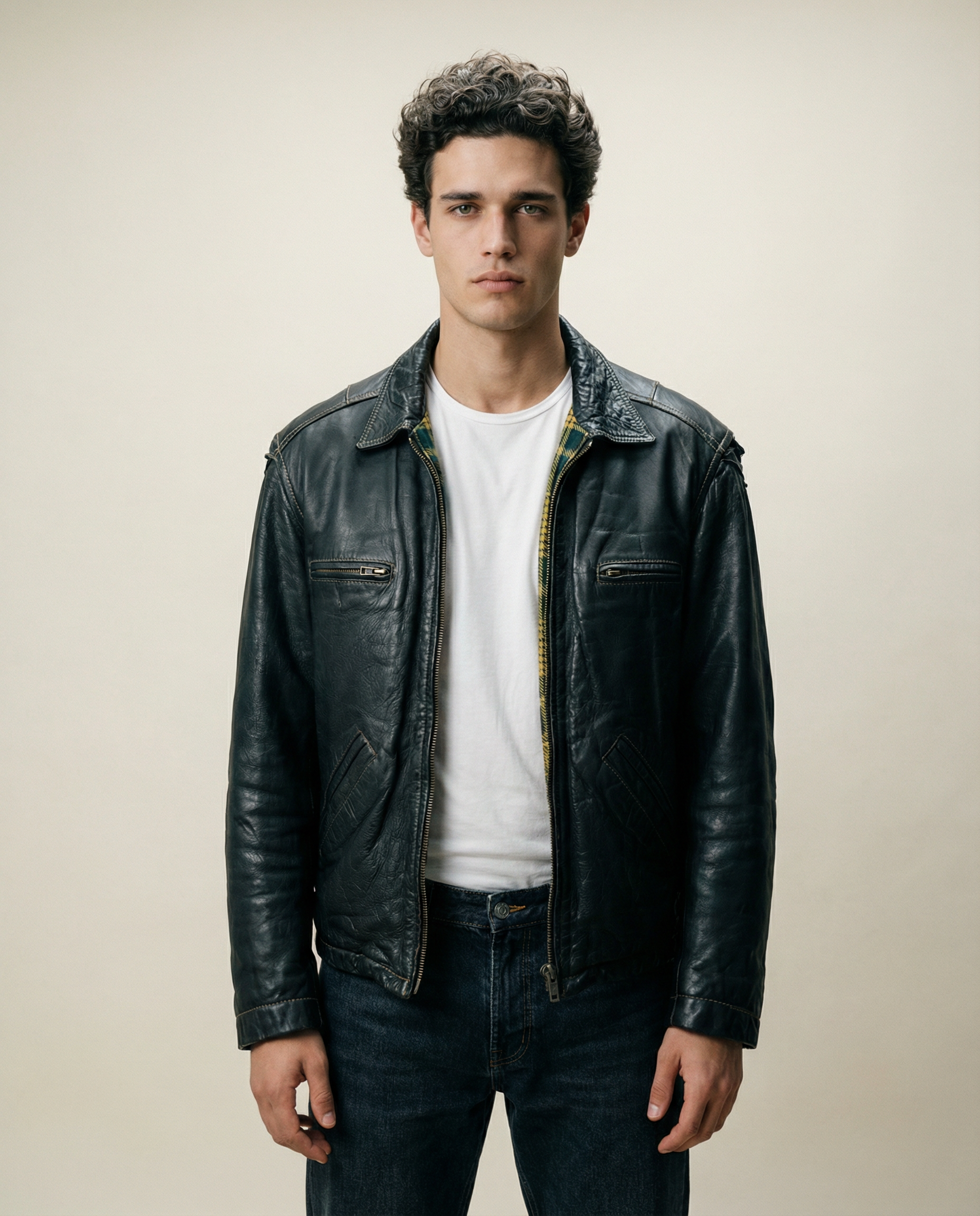 Giacca in Pelle Nera da Moto Zip Vintage (M)