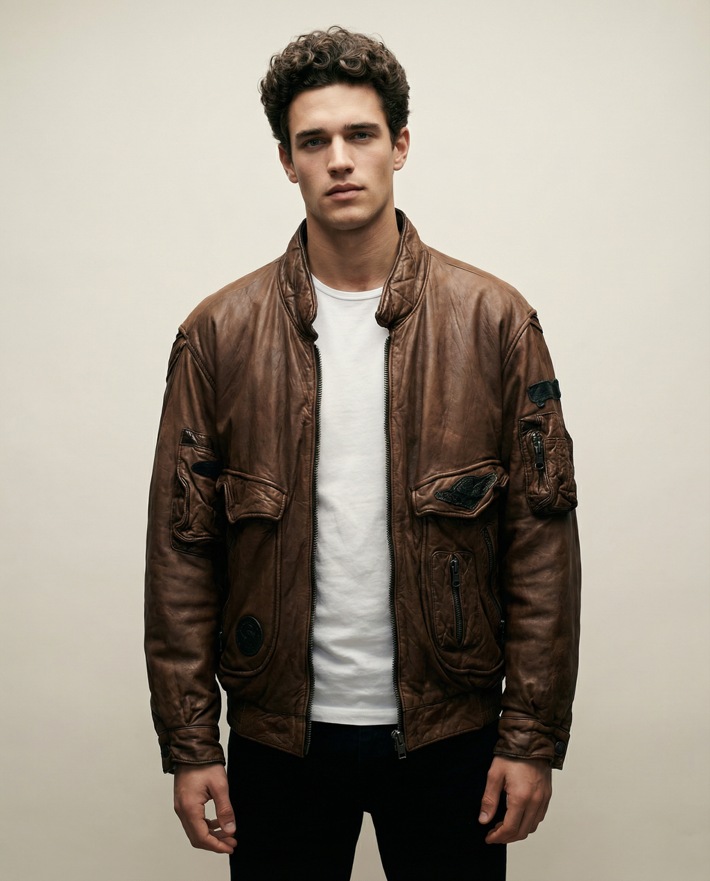 Bomber in Pelle Marrone Multi Zip Riri (M)