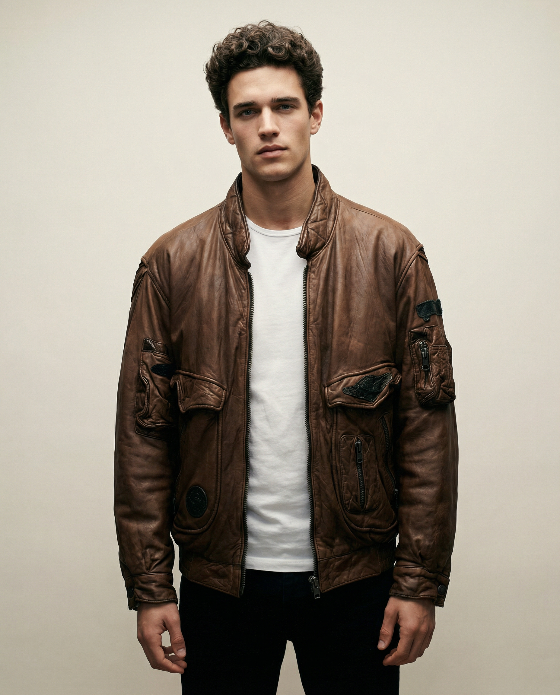 Bomber in Pelle Marrone Multi Zip Riri (M)