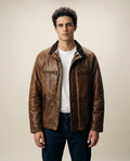 Giacca in Pelle Marrone Field Jacket Collo in Velluto (L)