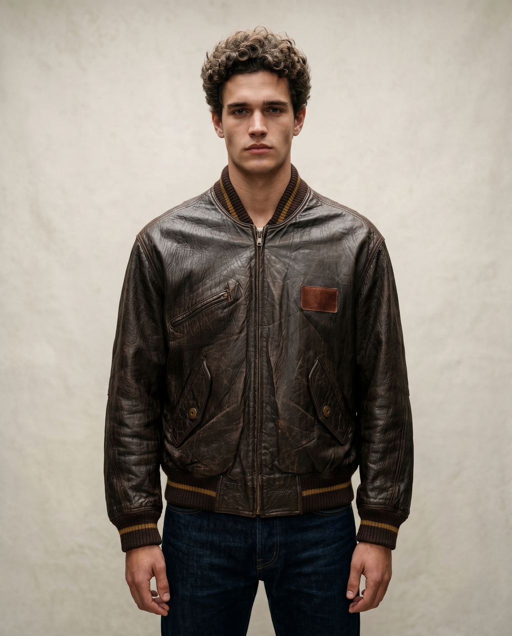 Bomber in Pelle Marrone Vintage Uomo 80s (L)