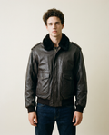 Bomber in Pelle Marrone con Collo in Pelliccia Uomo 90s (XL)