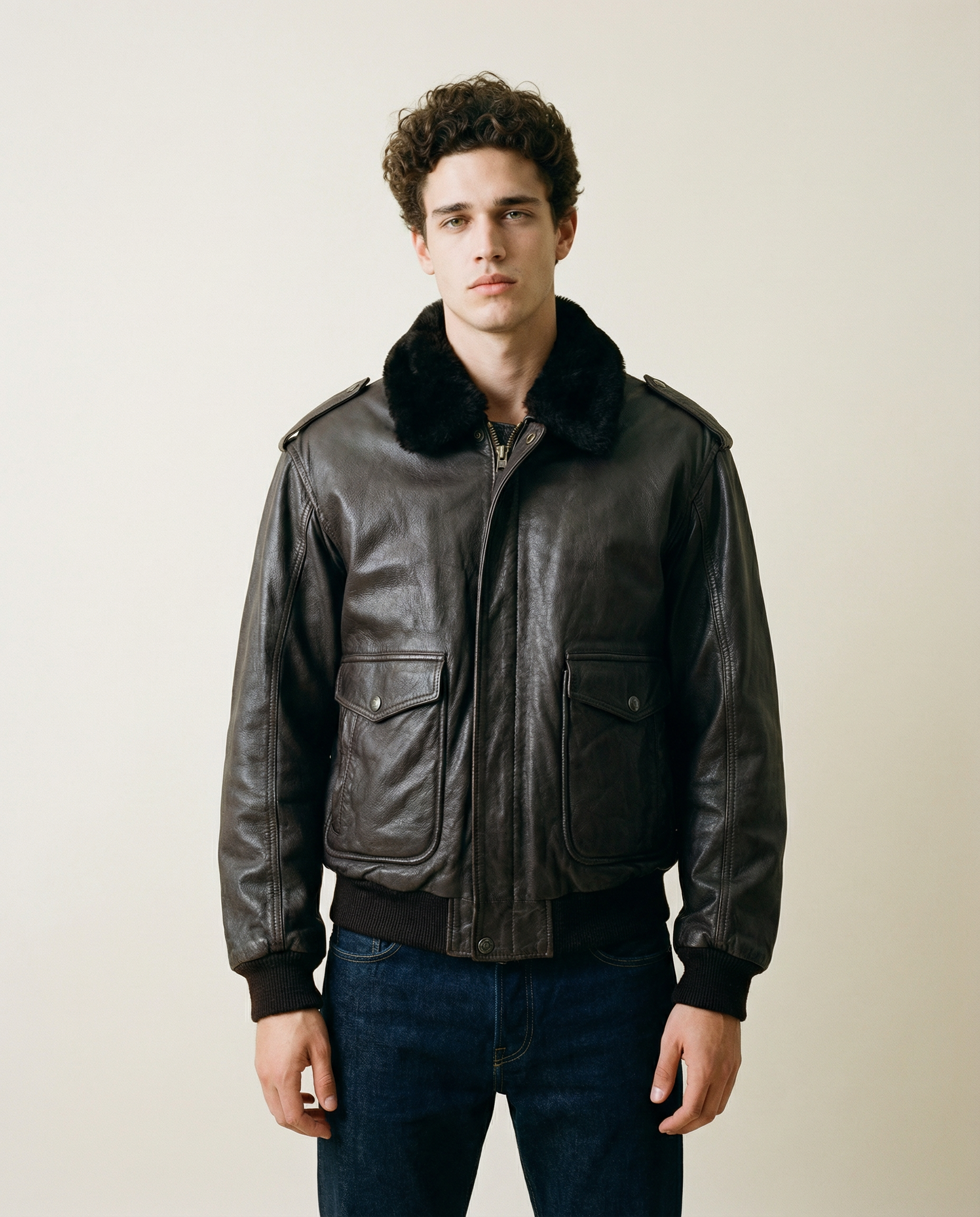 Bomber in Pelle Marrone con Collo in Pelliccia Uomo 90s (XL)