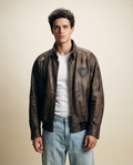 Giacca HN Company 1950 in pelle marrone da uomo, bomber café racer vintage anni 90 con inserti neri (M)