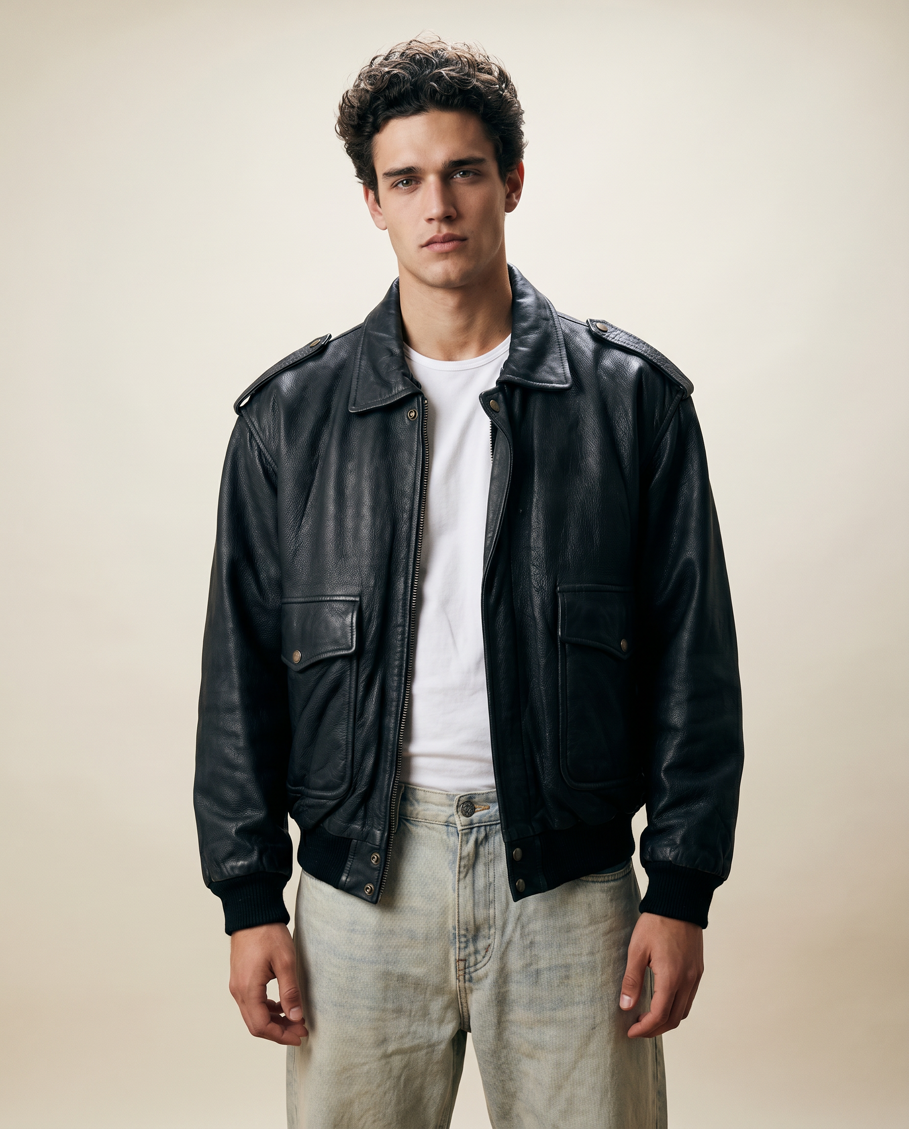 Giacca bomber in pelle nera da uomo in stile pilota Type A-2 vintage anni 90 (L)