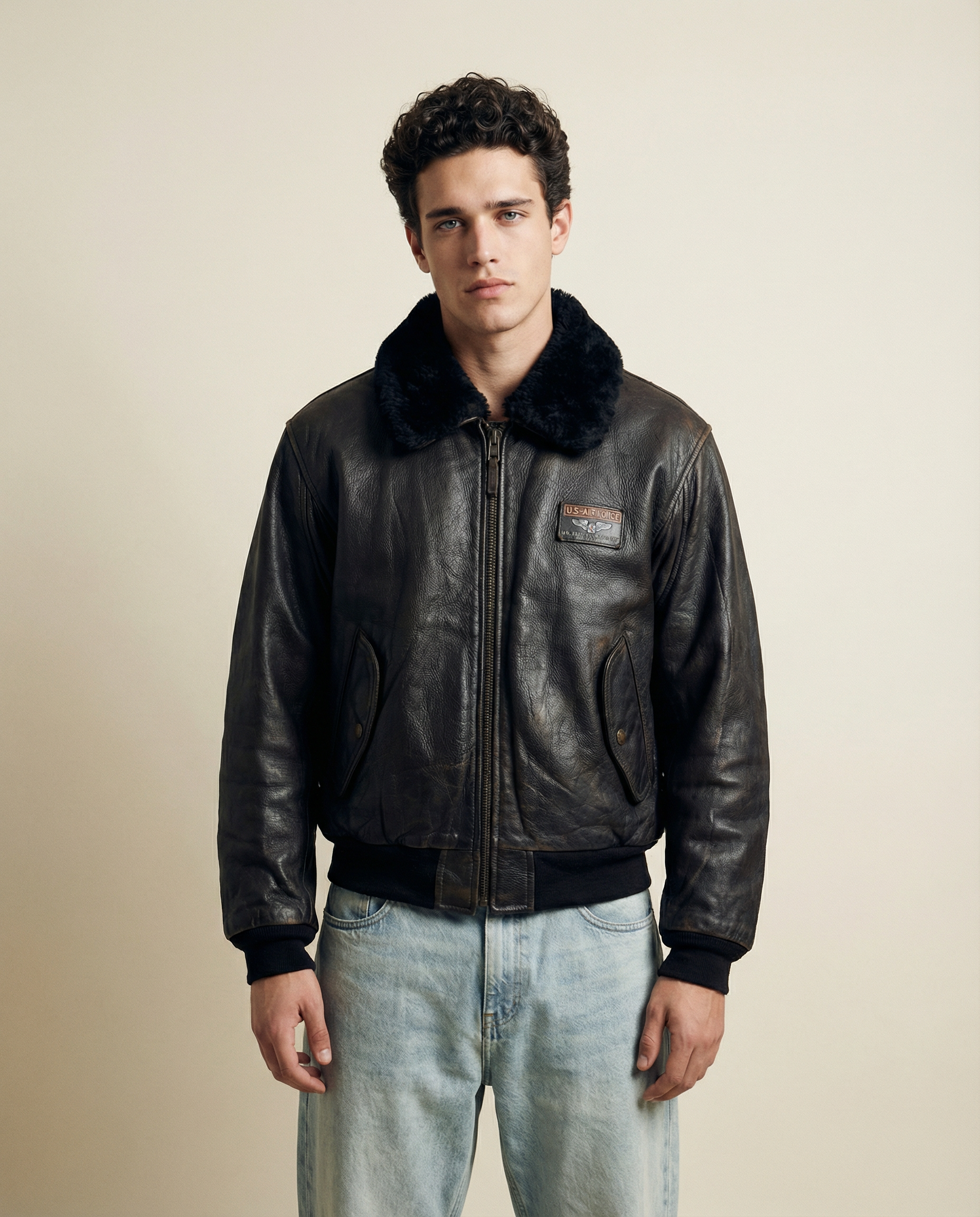Giacca in Pelle Redskins – Modello Flight Jacket Nera con Colletto in Pelliccia Vintage (L)