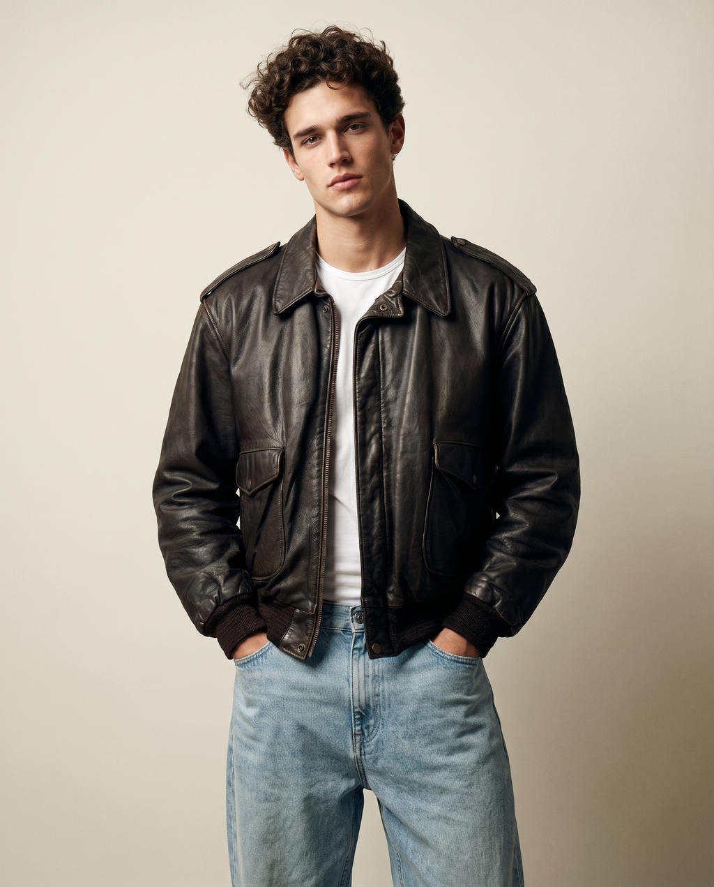Giacca bomber in pelle marrone da uomo in stile pilota Type A-2 vintage anni 90 (L)