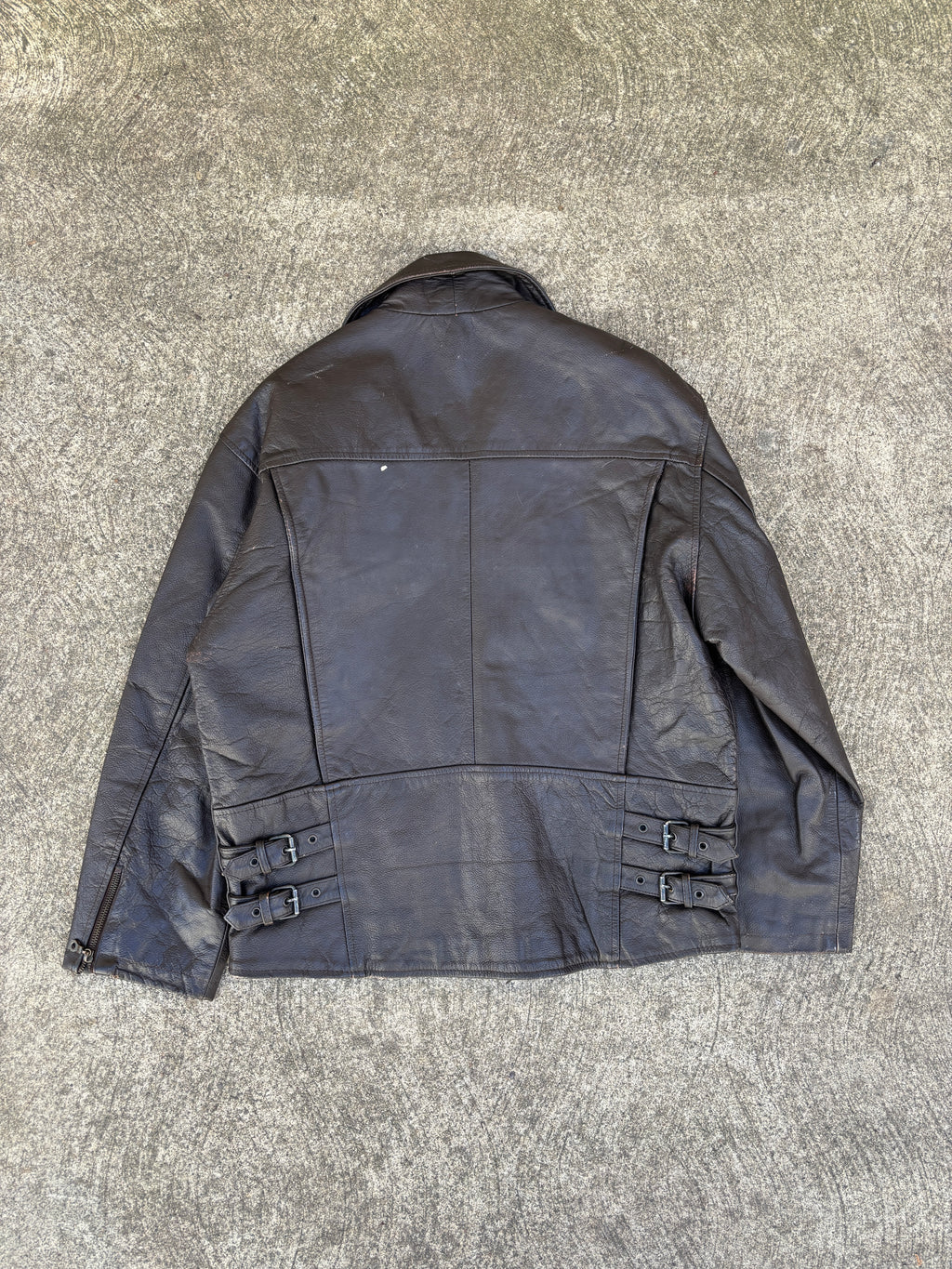 Giacca Winter Trophy in pelle marrone da uomo, bomber utility vintage anni 90 con multi tasche e fibbie (M)