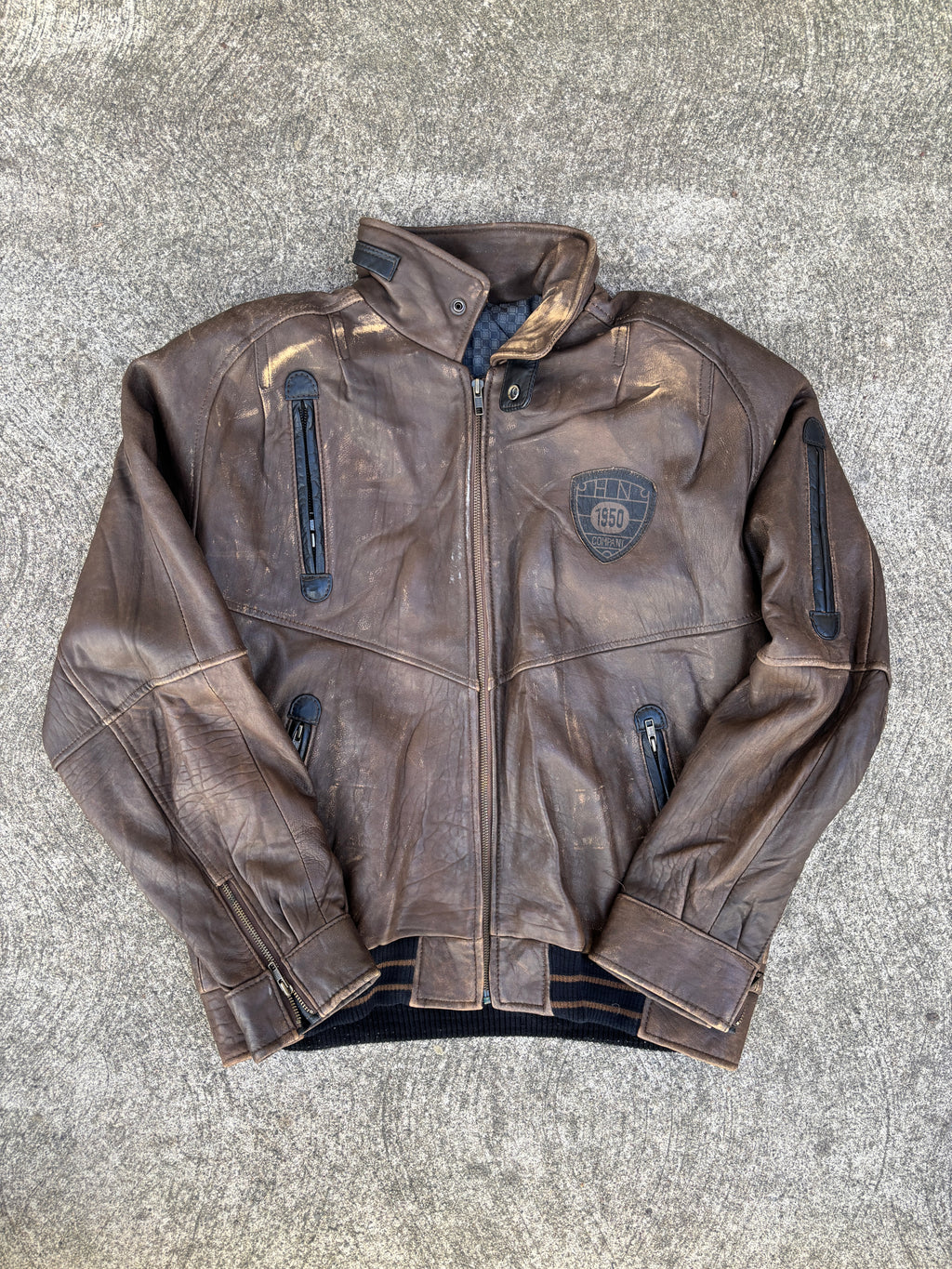 Giacca HN Company 1950 in pelle marrone da uomo, bomber café racer vintage anni 90 con inserti neri (M)