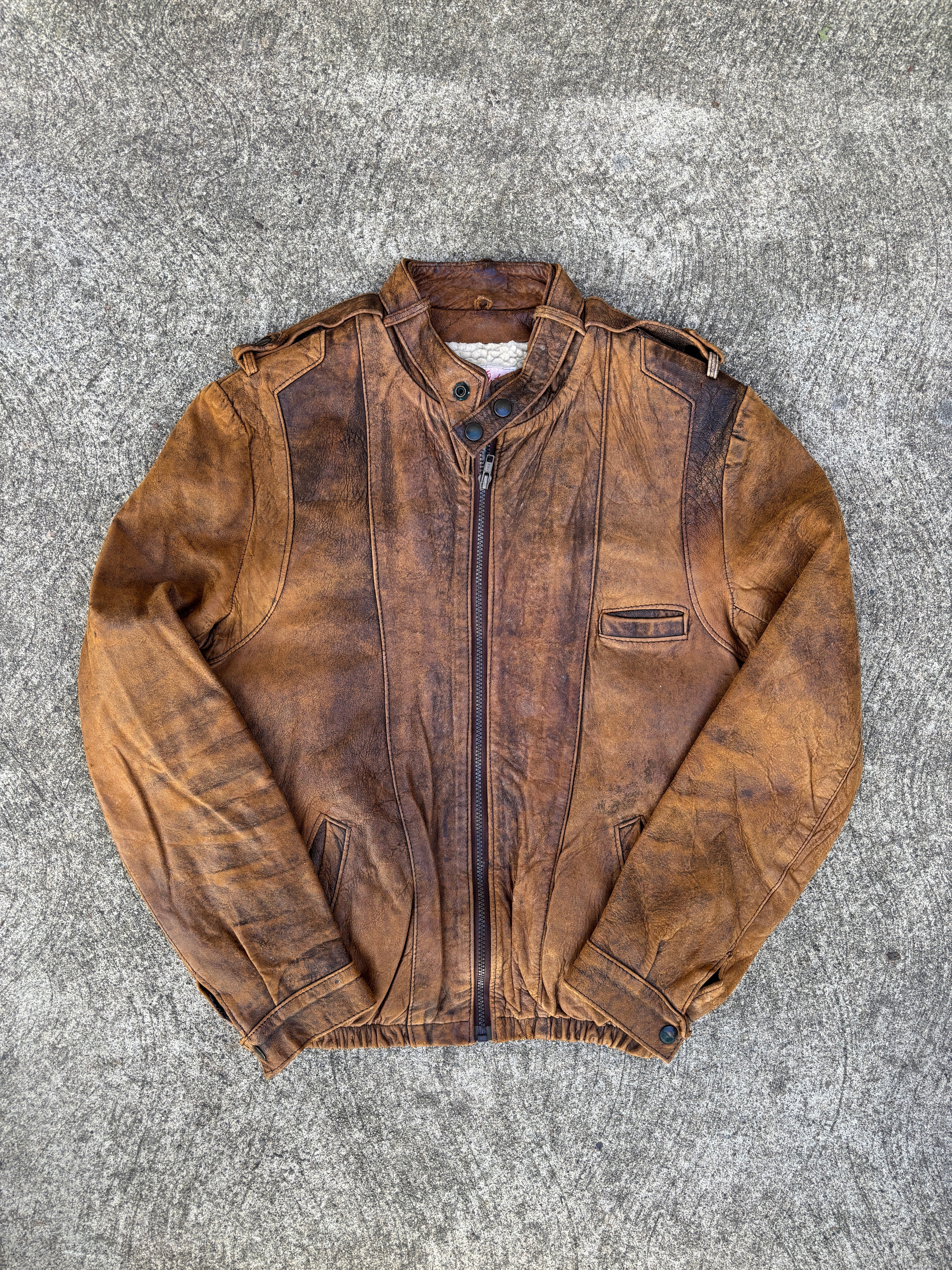 Giacca Ortor in pelle marrone da uomo con interno shearling, aviator vintage anni 80 Made in England (S)
