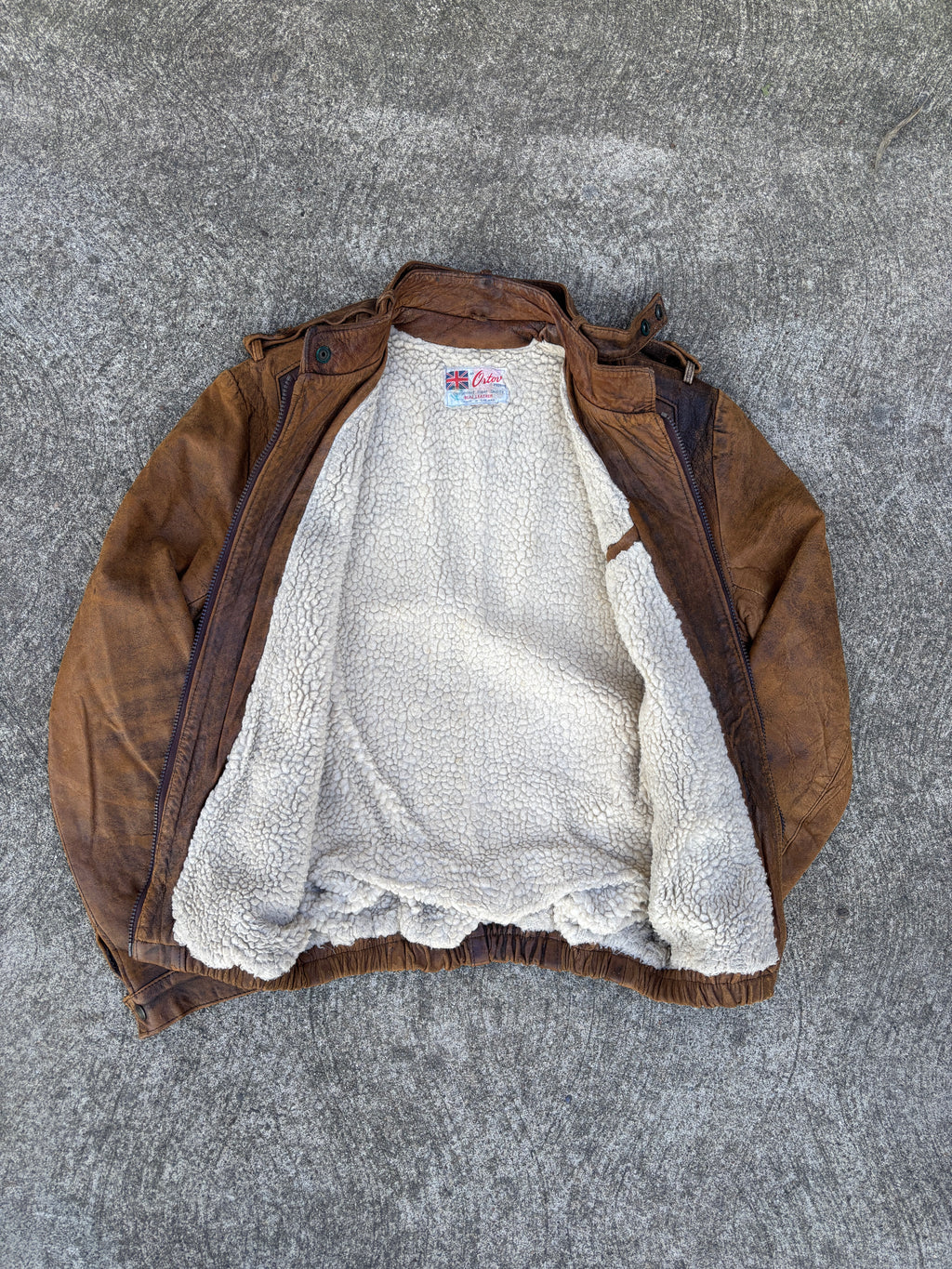 Giacca Ortor in pelle marrone da uomo con interno shearling, aviator vintage anni 80 Made in England (S)