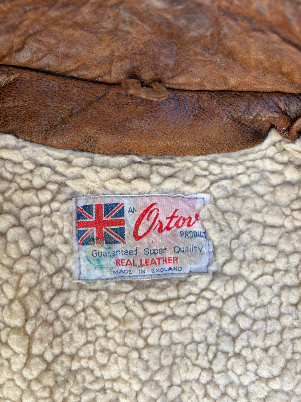 Giacca Ortor in pelle marrone da uomo con interno shearling, aviator vintage anni 80 Made in England (S)