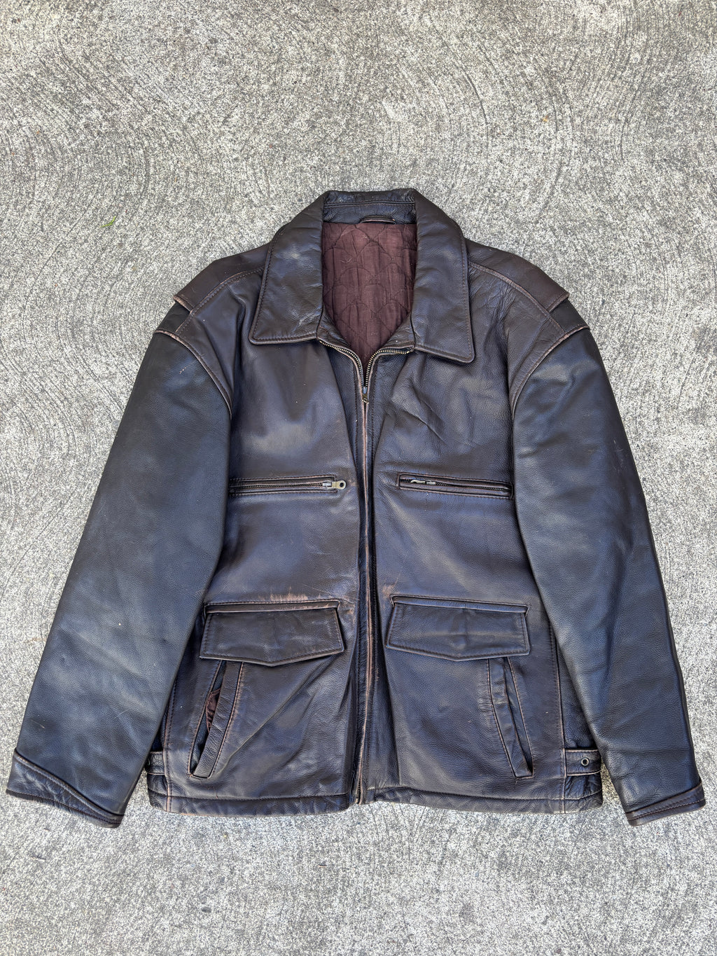 Giacca in pelle vintage da uomo marrone in stile biker multi tasche anni 90 - Riri zip (M)