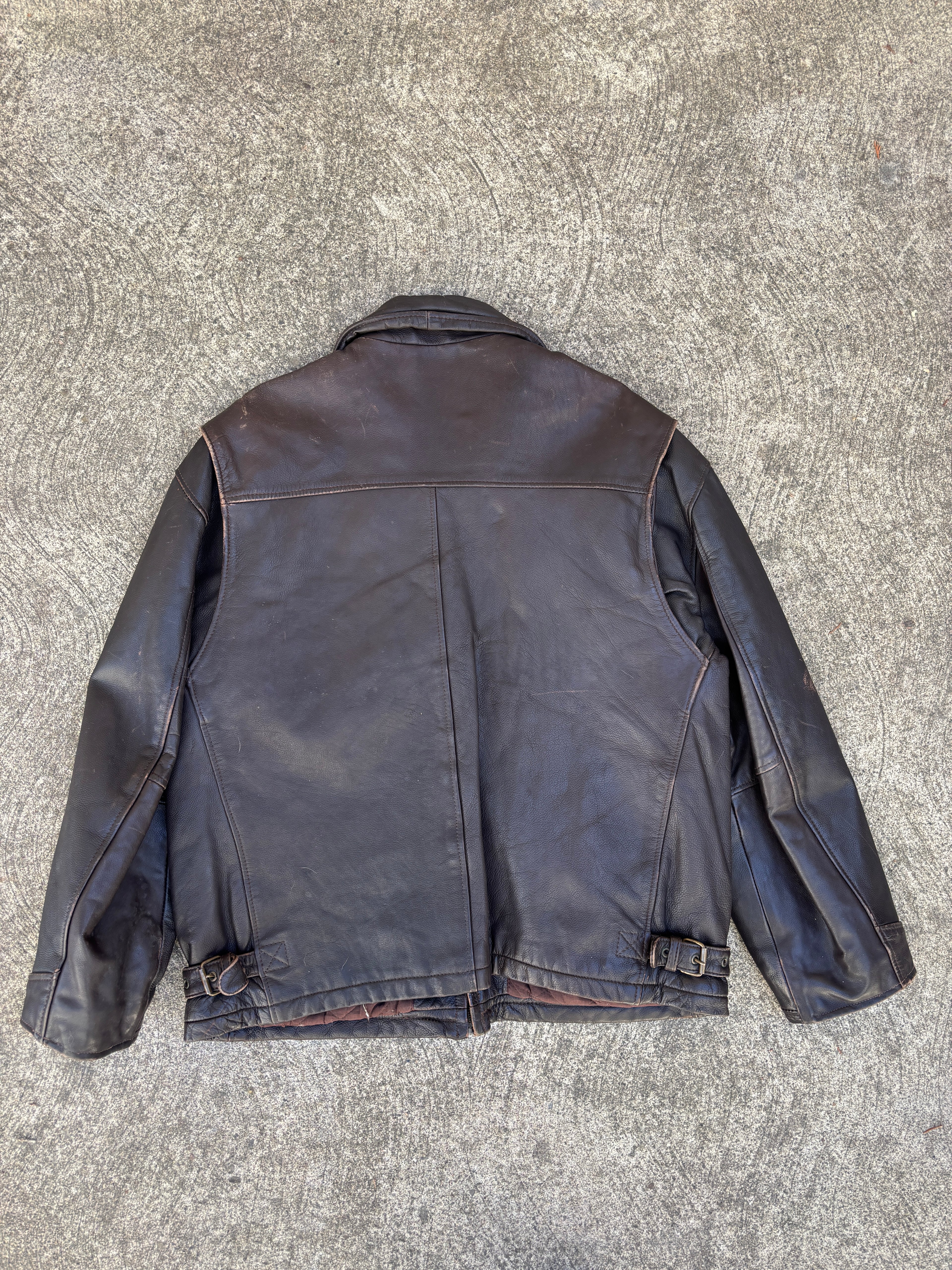 Giacca in pelle vintage da uomo marrone in stile biker multi tasche anni 90 - Riri zip (M)