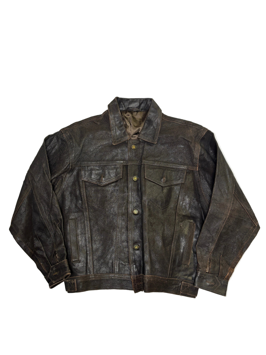 Giacca in Pelle Marrone Trucker con Bottoni Vintage (M)