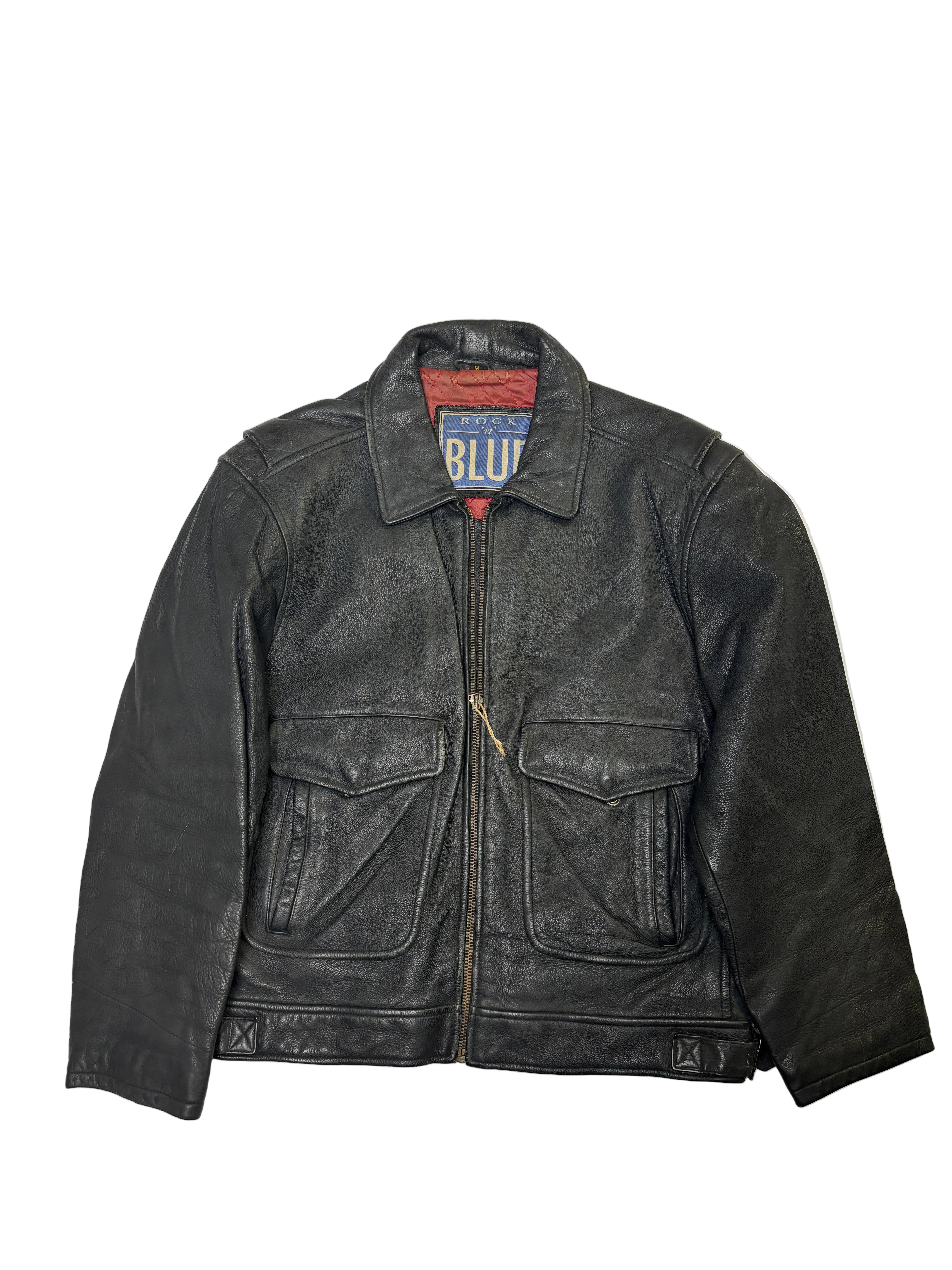 Giacca in Pelle Nera Trucker Tasche con Patta (M)