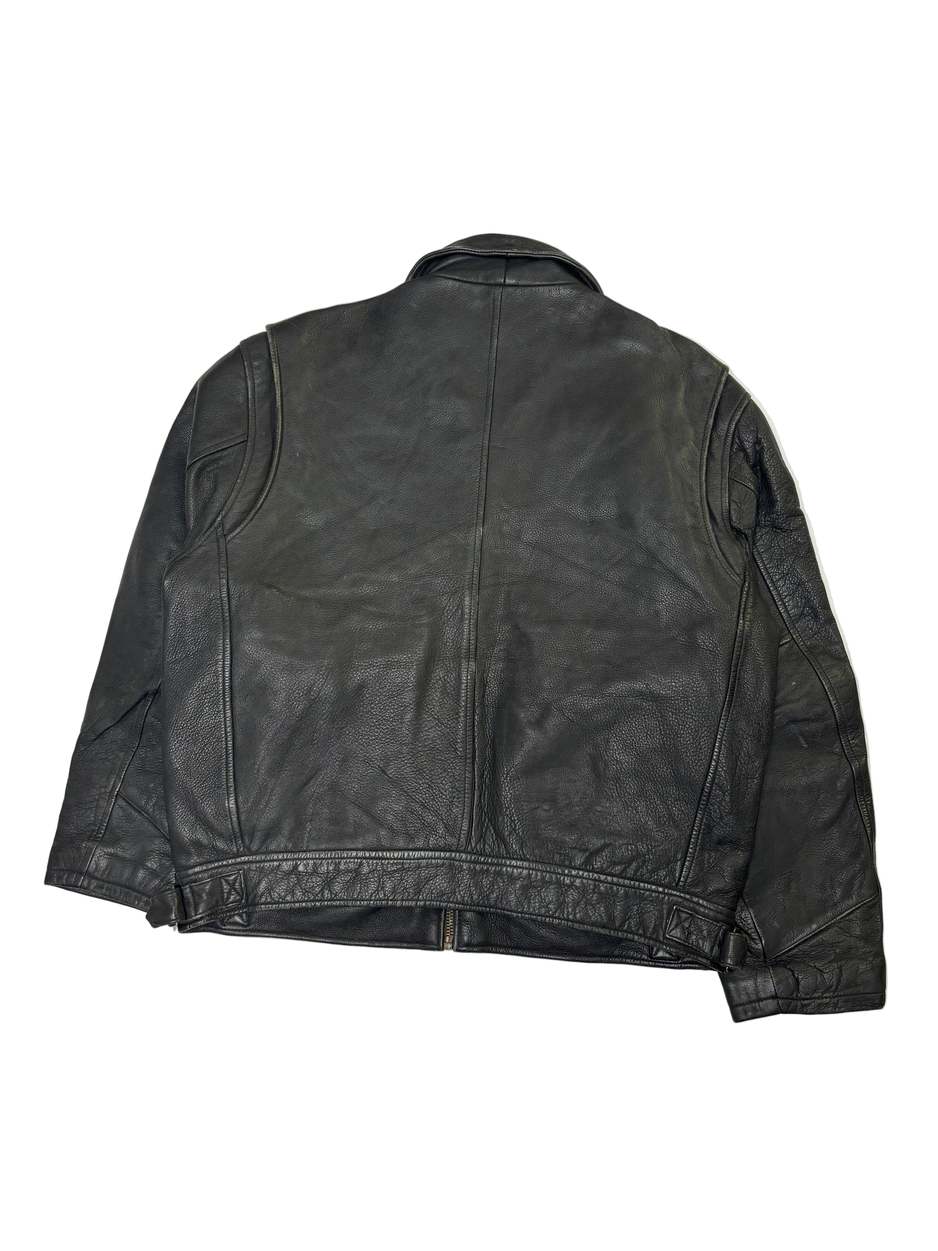 Giacca in Pelle Nera Trucker Tasche con Patta (M)