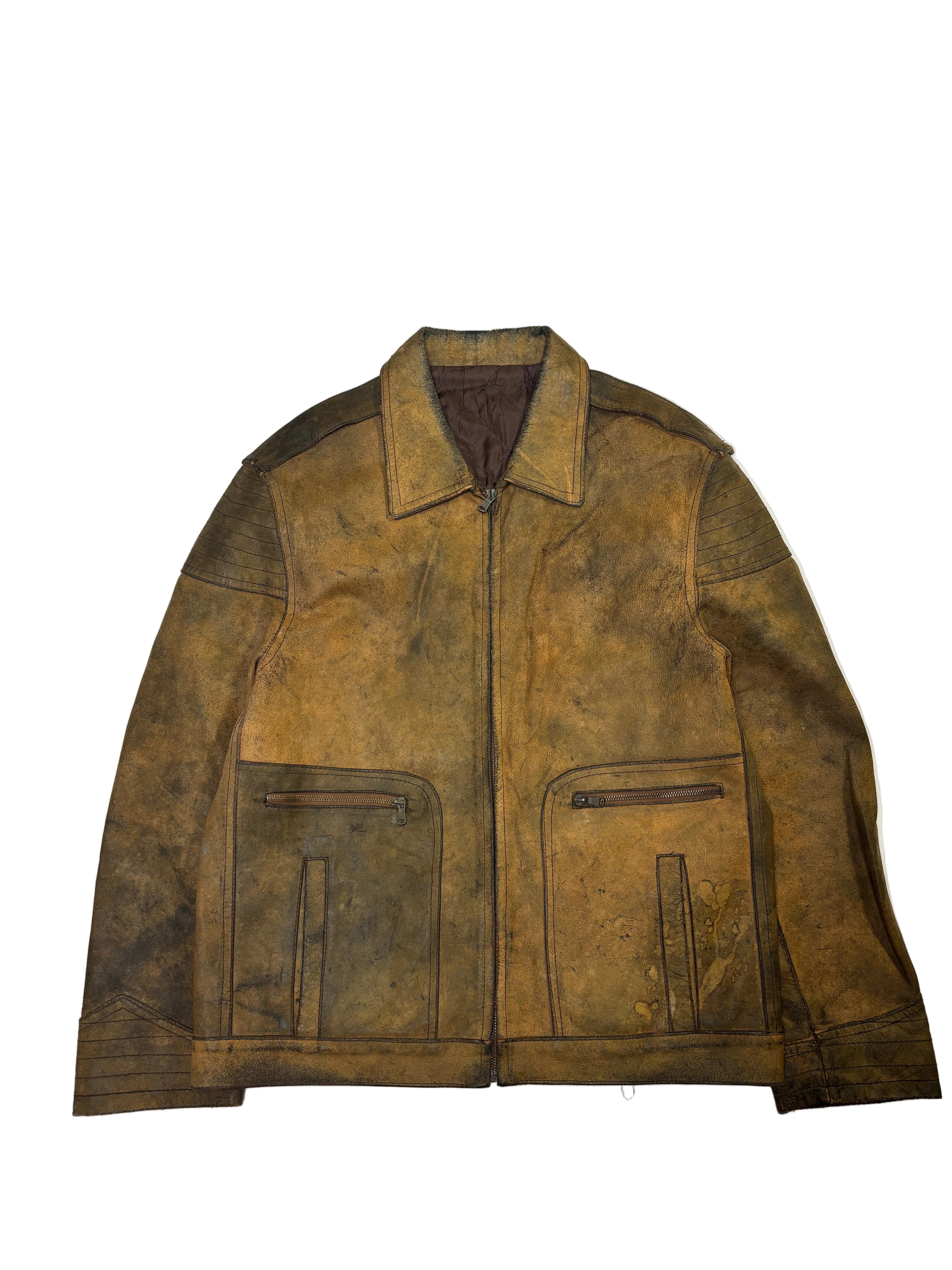 Giacca in Pelle Marrone Biker Trapuntata Vintage (M)