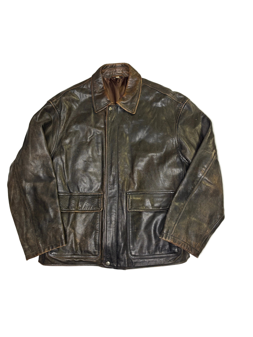 Giacca in Pelle Marrone Zip Utility Vintage (L)