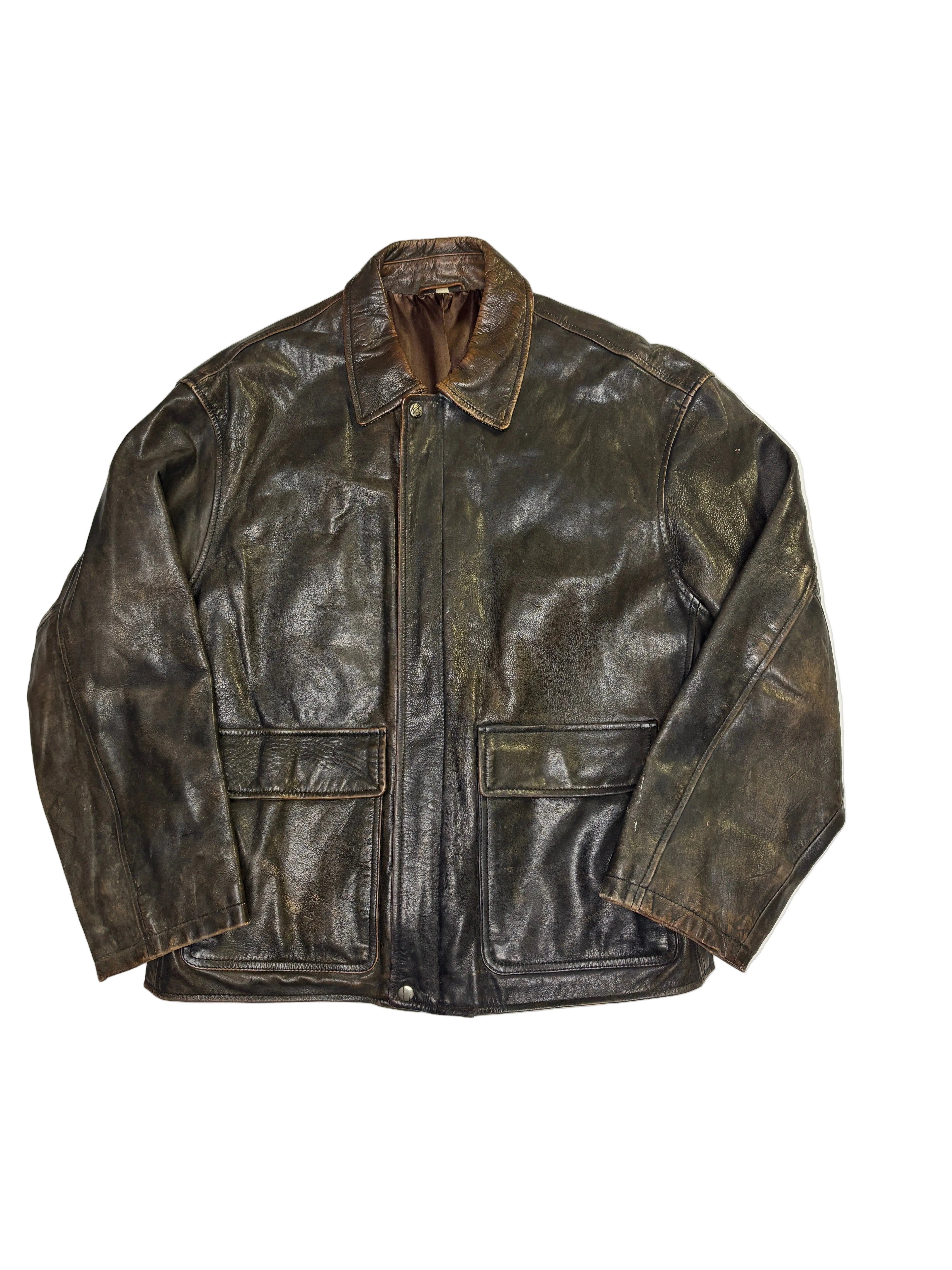 Giacca in Pelle Marrone Zip Utility Vintage (L)