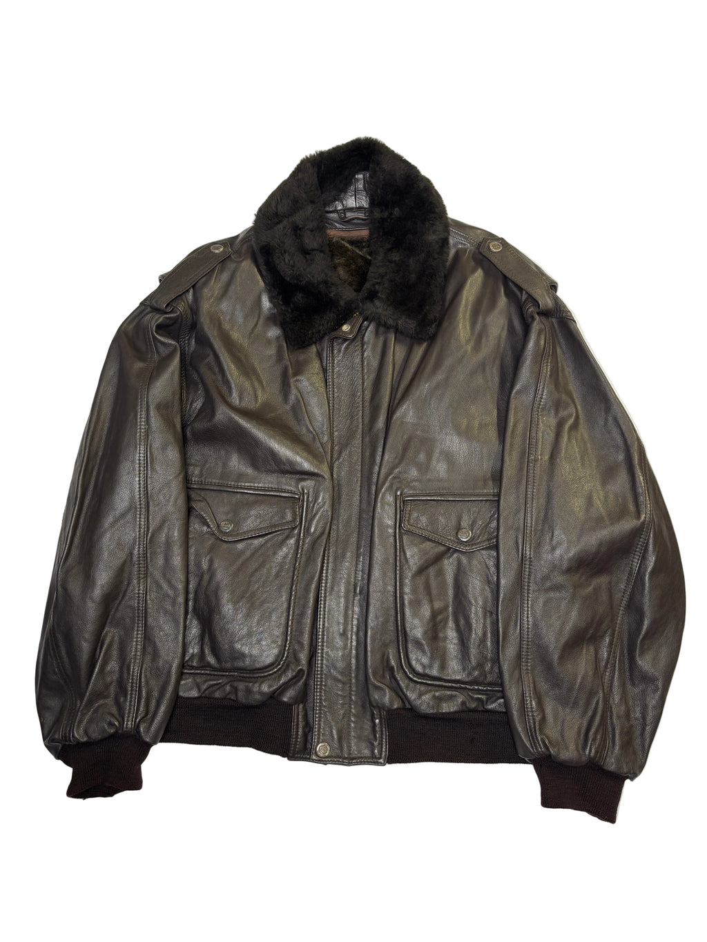 Bomber in Pelle Marrone con Collo in Pelliccia Uomo 90s (XL)