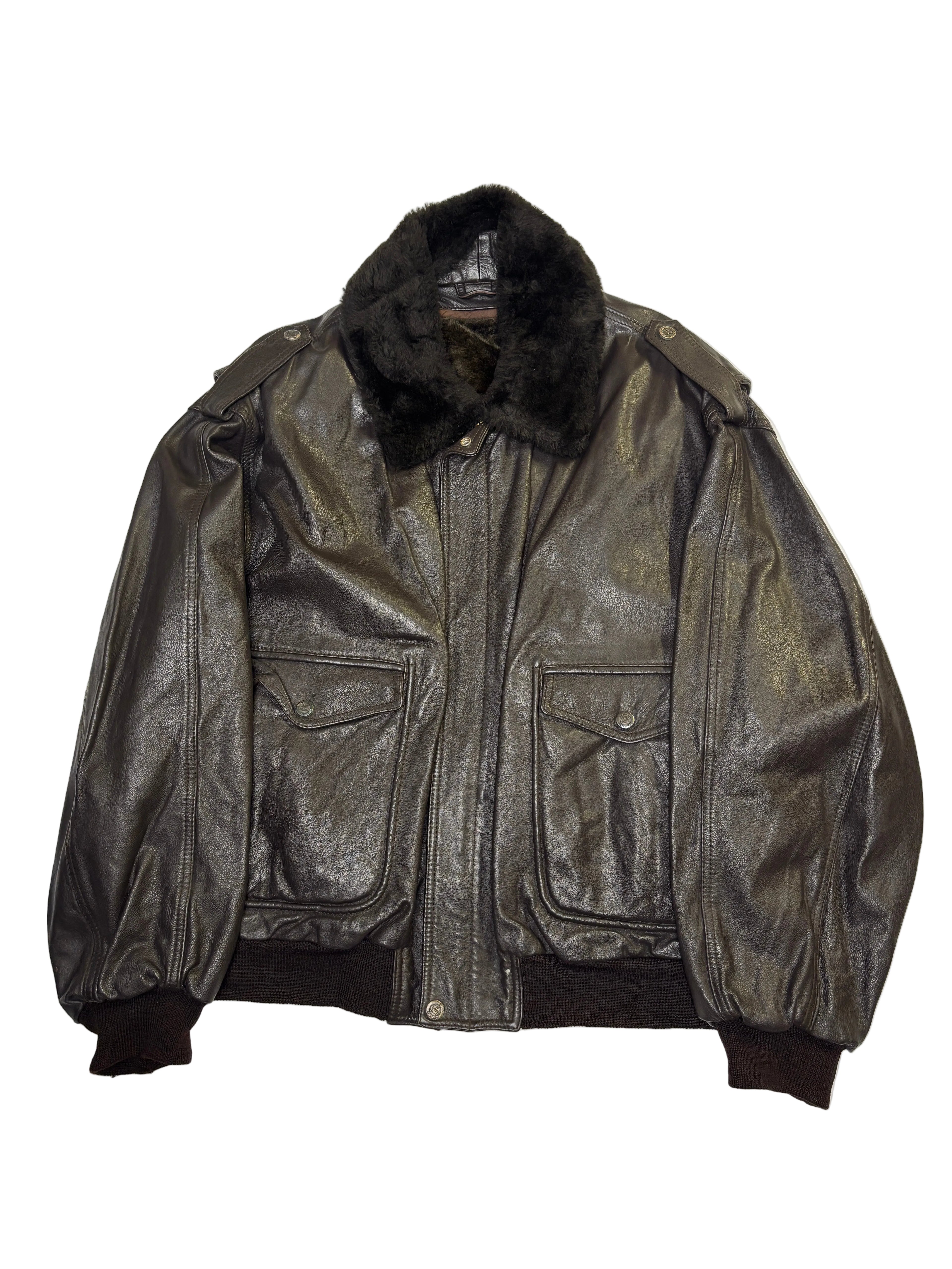 Bomber in Pelle Marrone con Collo in Pelliccia Uomo 90s (XL)