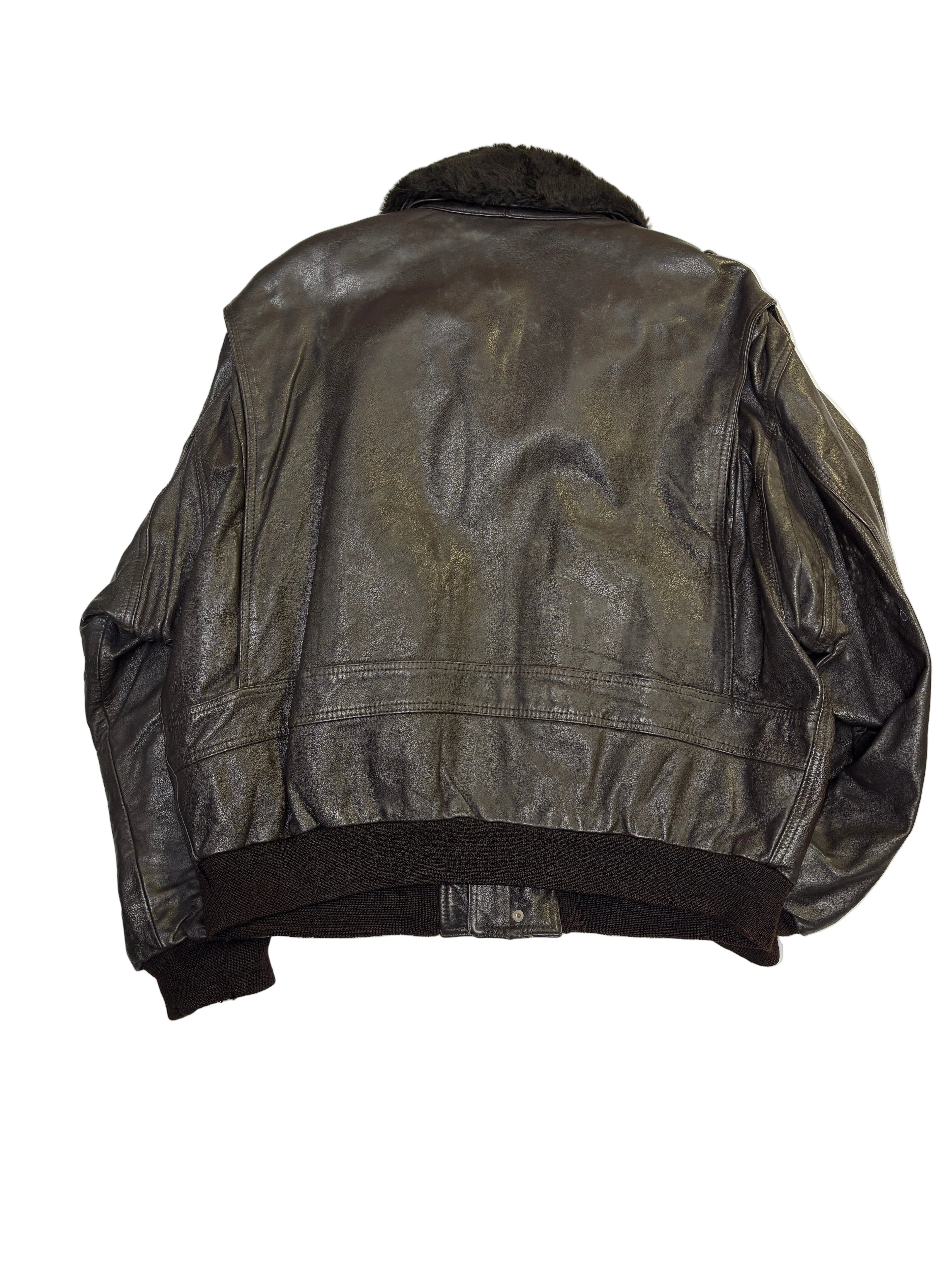 Bomber in Pelle Marrone con Collo in Pelliccia Uomo 90s (XL)