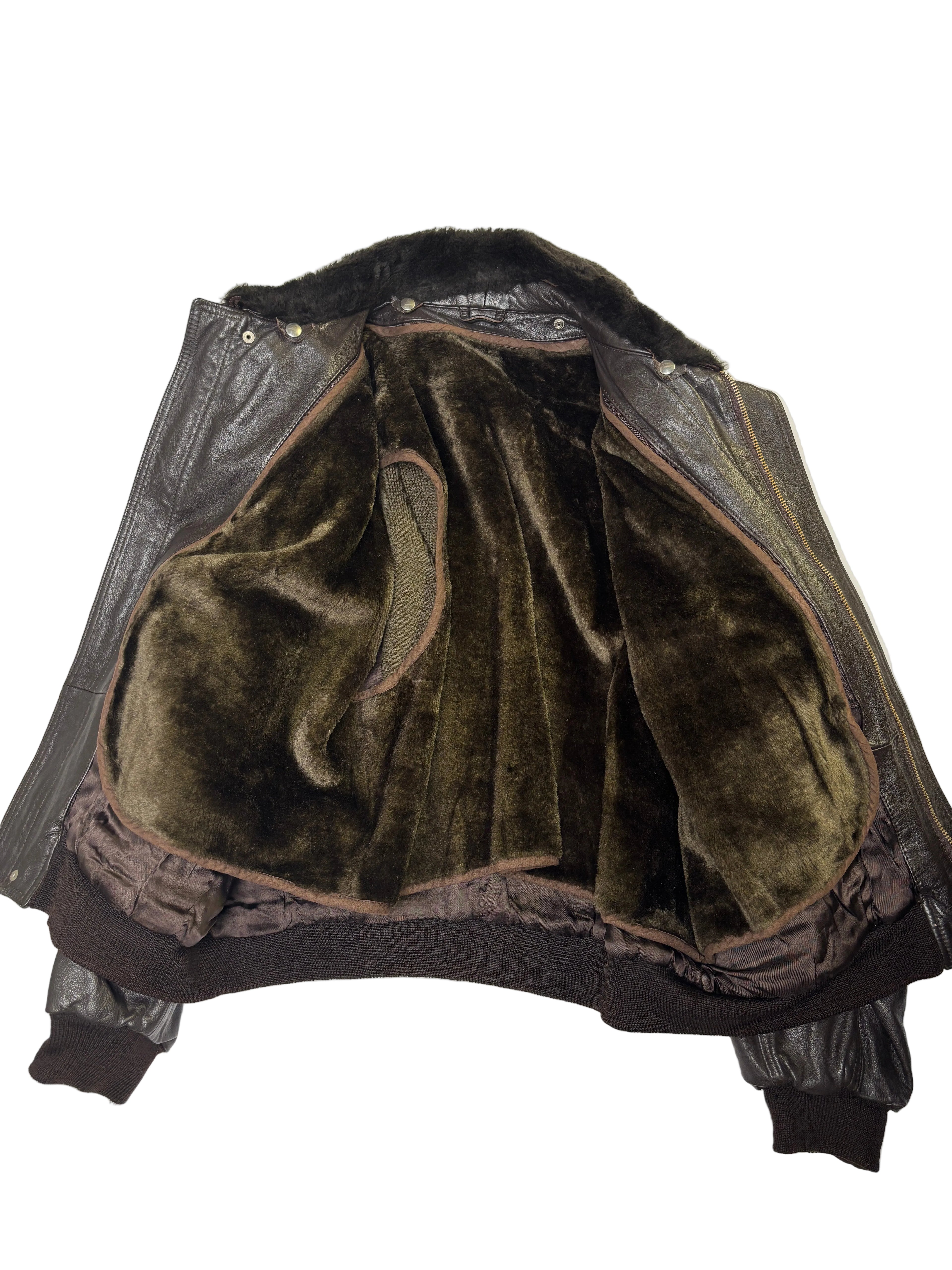 Bomber in Pelle Marrone con Collo in Pelliccia Uomo 90s (XL)