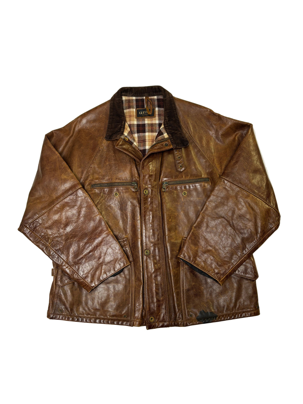 Giacca in Pelle Marrone Field Jacket Collo in Velluto (L)