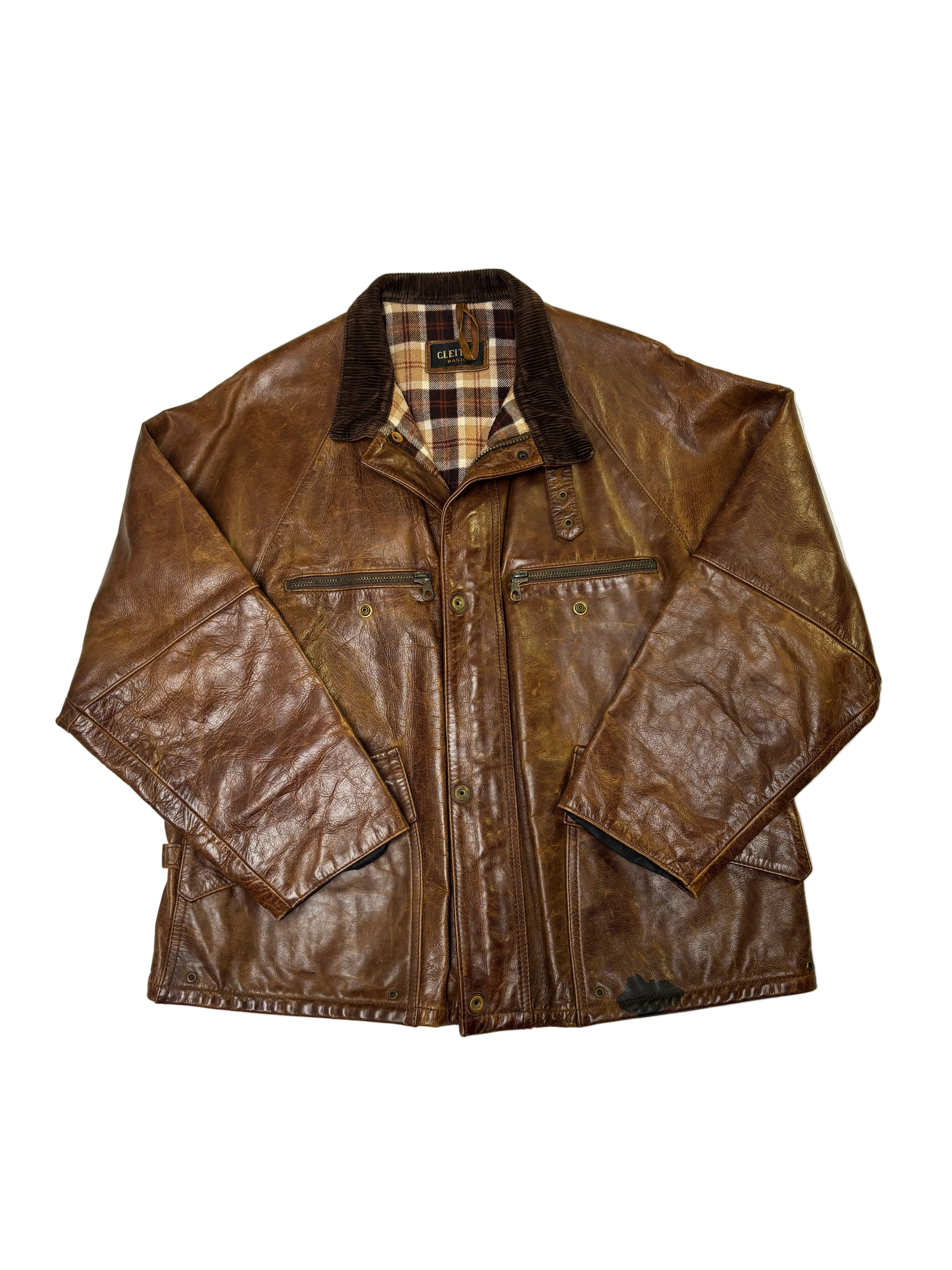 Giacca in Pelle Marrone Field Jacket Collo in Velluto (L)