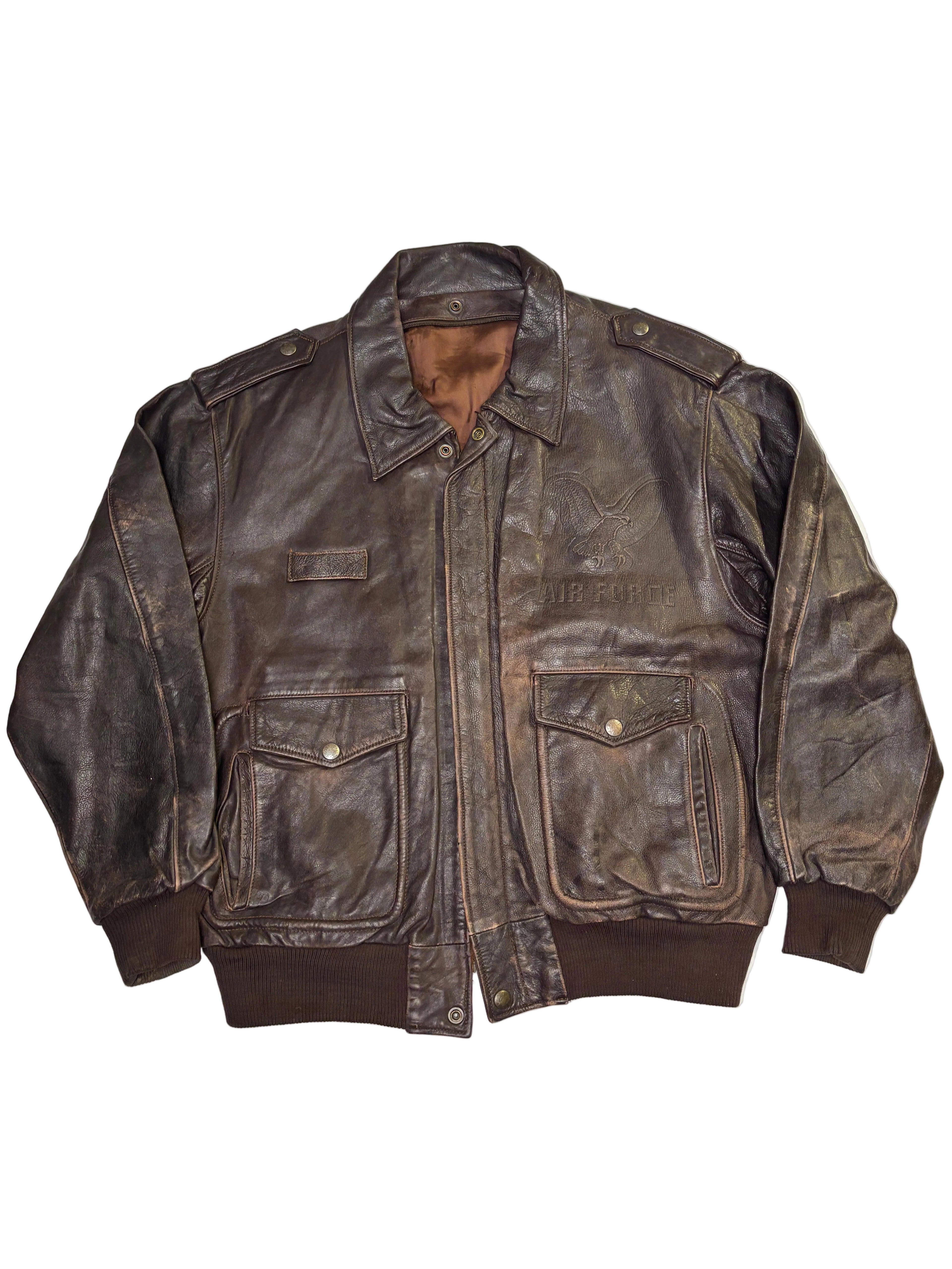 Giacca in Pelle Marrone Bomber con Patch Aquila (L)