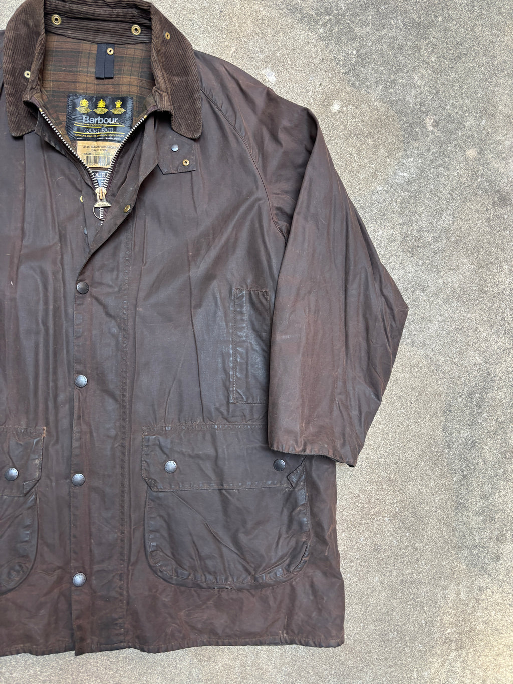 Vintage 1990s Barbour Gamefair A125 Waxed Jacket C46 Made in England 3 Warrant