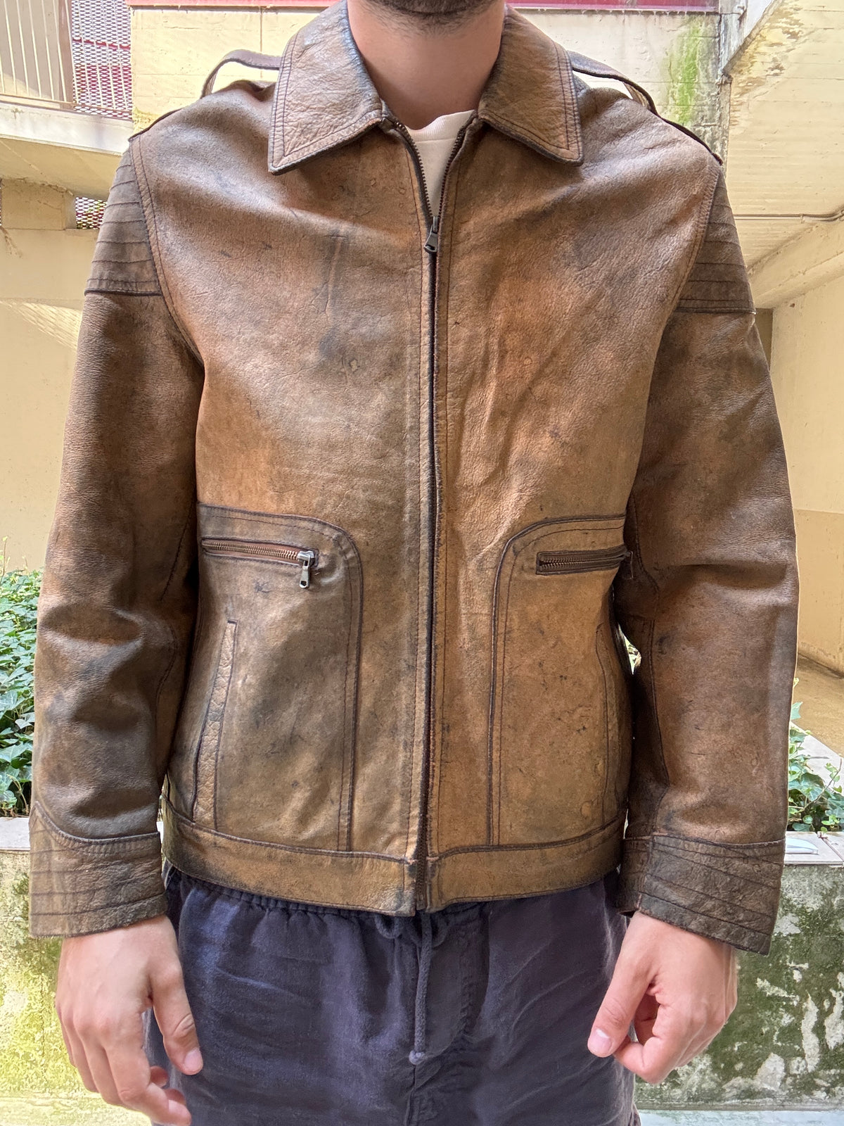 Vintage 1970s Italian Leather Jacket Made in Italy Distressed Cafe Racer Brown